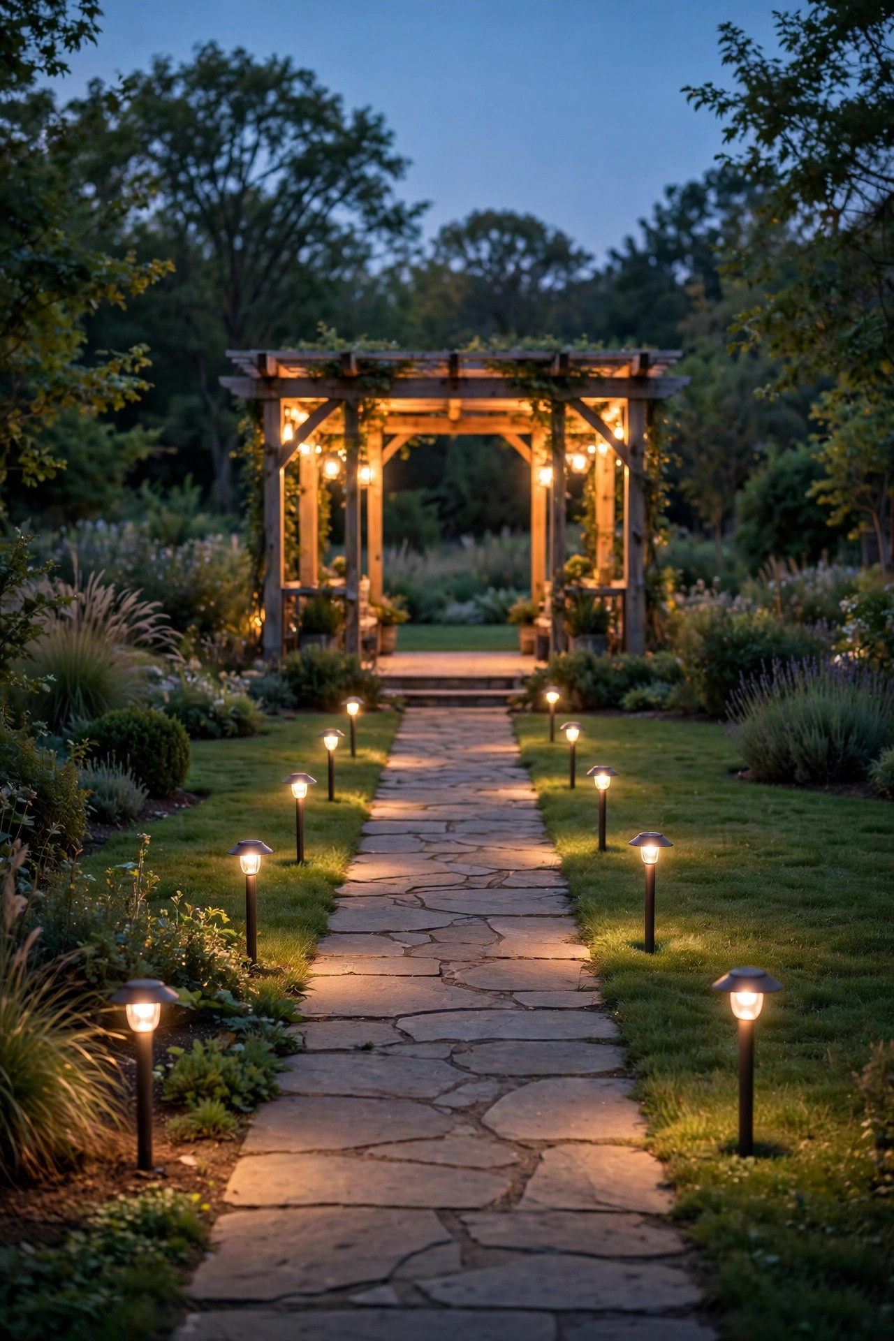 Low-voltage path lights lining a garden walkway leading across the lawn to a glowing freestanding pergola at dusk