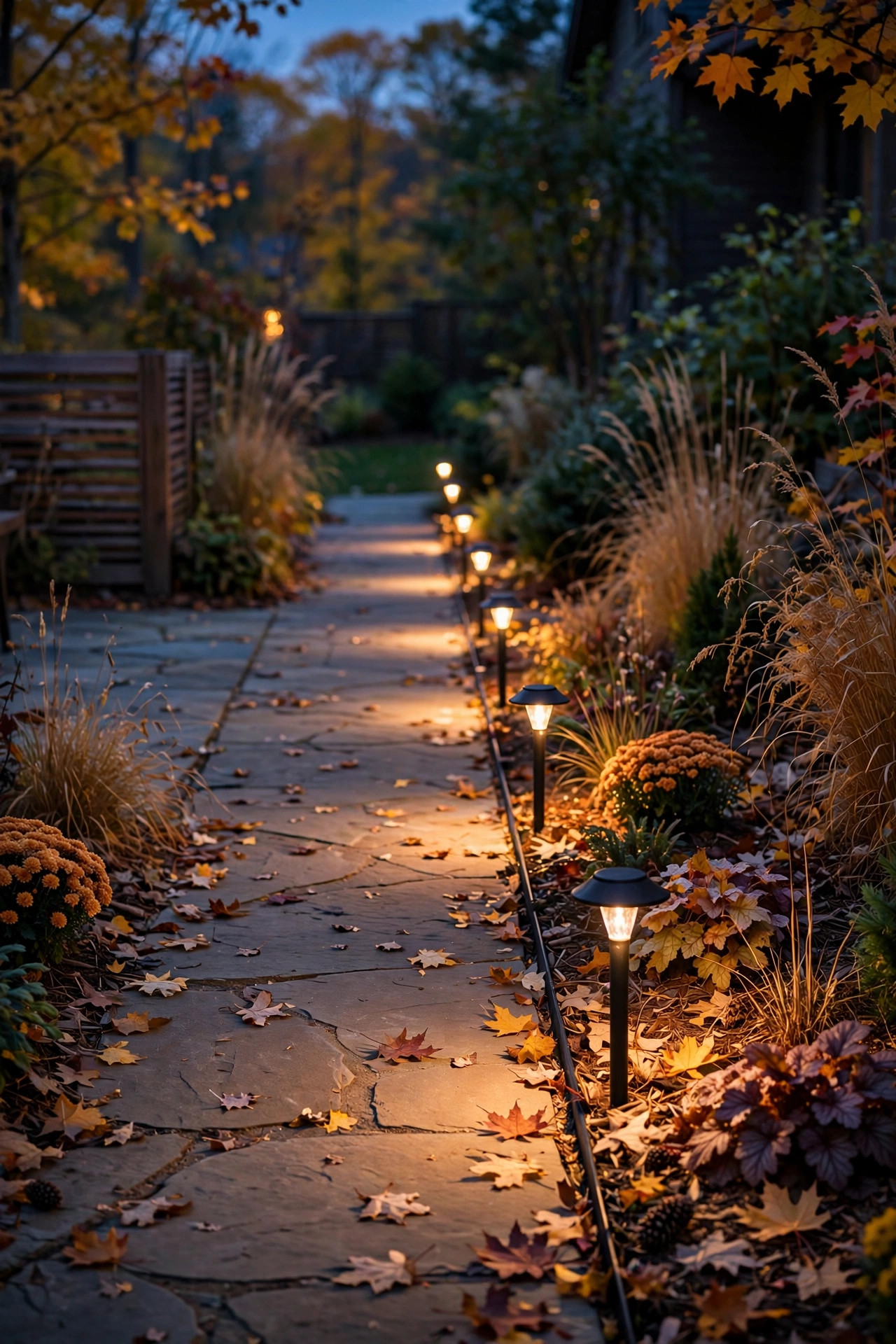 Low warm path lights spaced along the edge of a patio walkway in the early fall evening