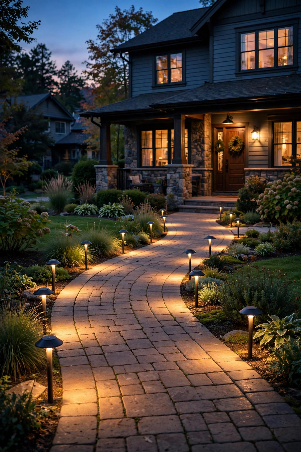 Curved front walkway at dusk lined with staggered low path lights casting warm pools of light on the pavers