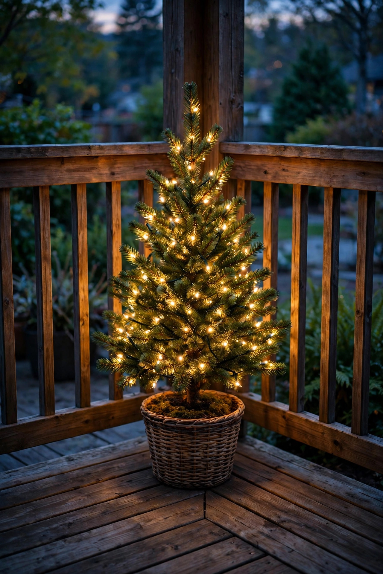 Small potted Christmas tree wrapped in warm mini lights standing in the corner of a deck at dusk
