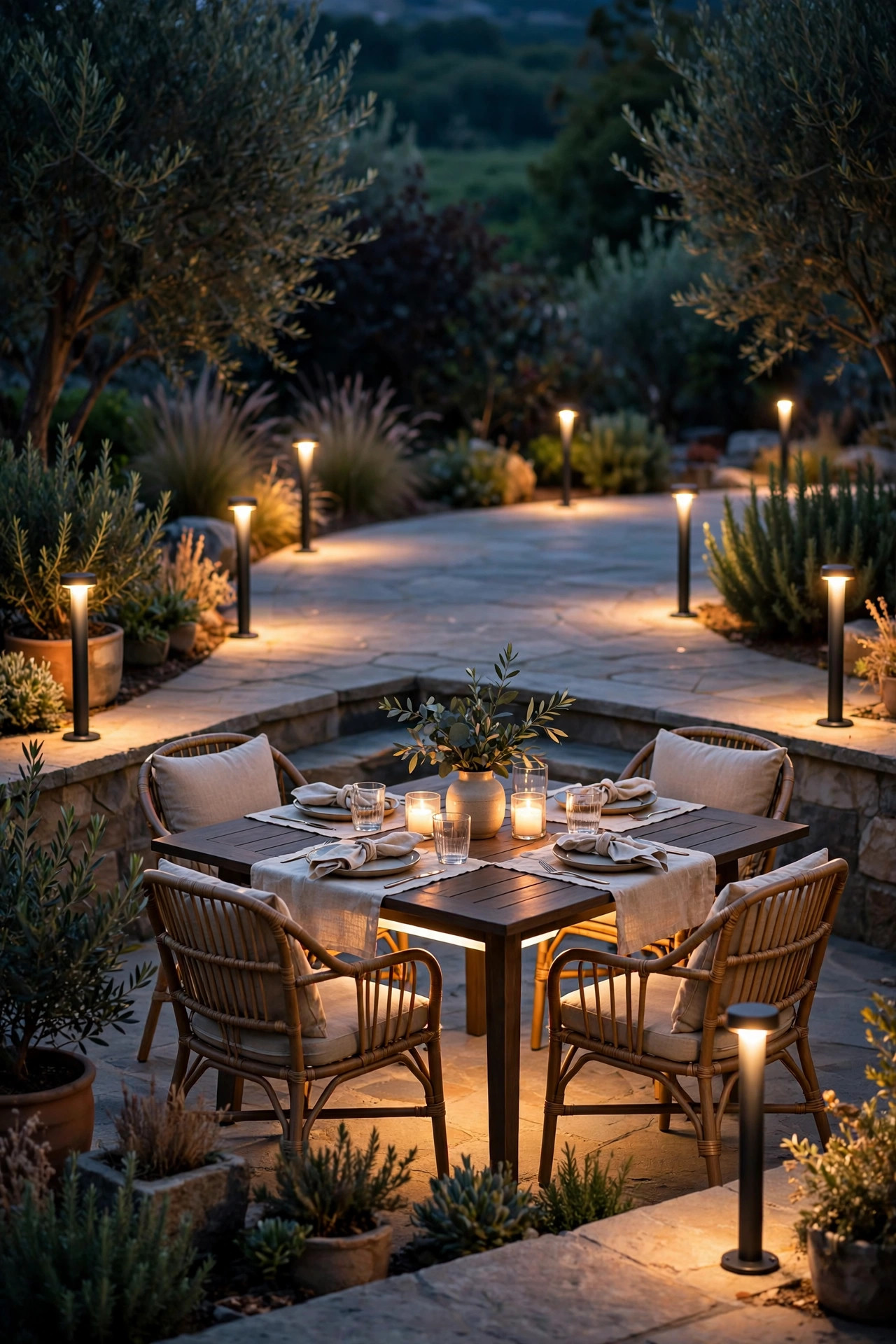 Low bollard lights ringing a patio edge at dusk below the sightline of an outdoor dining set glowing warm white