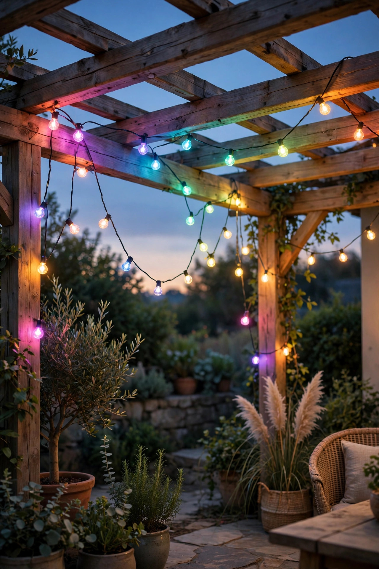 Color changing solar string lights draped over a patio pergola glowing in rainbow colors at dusk