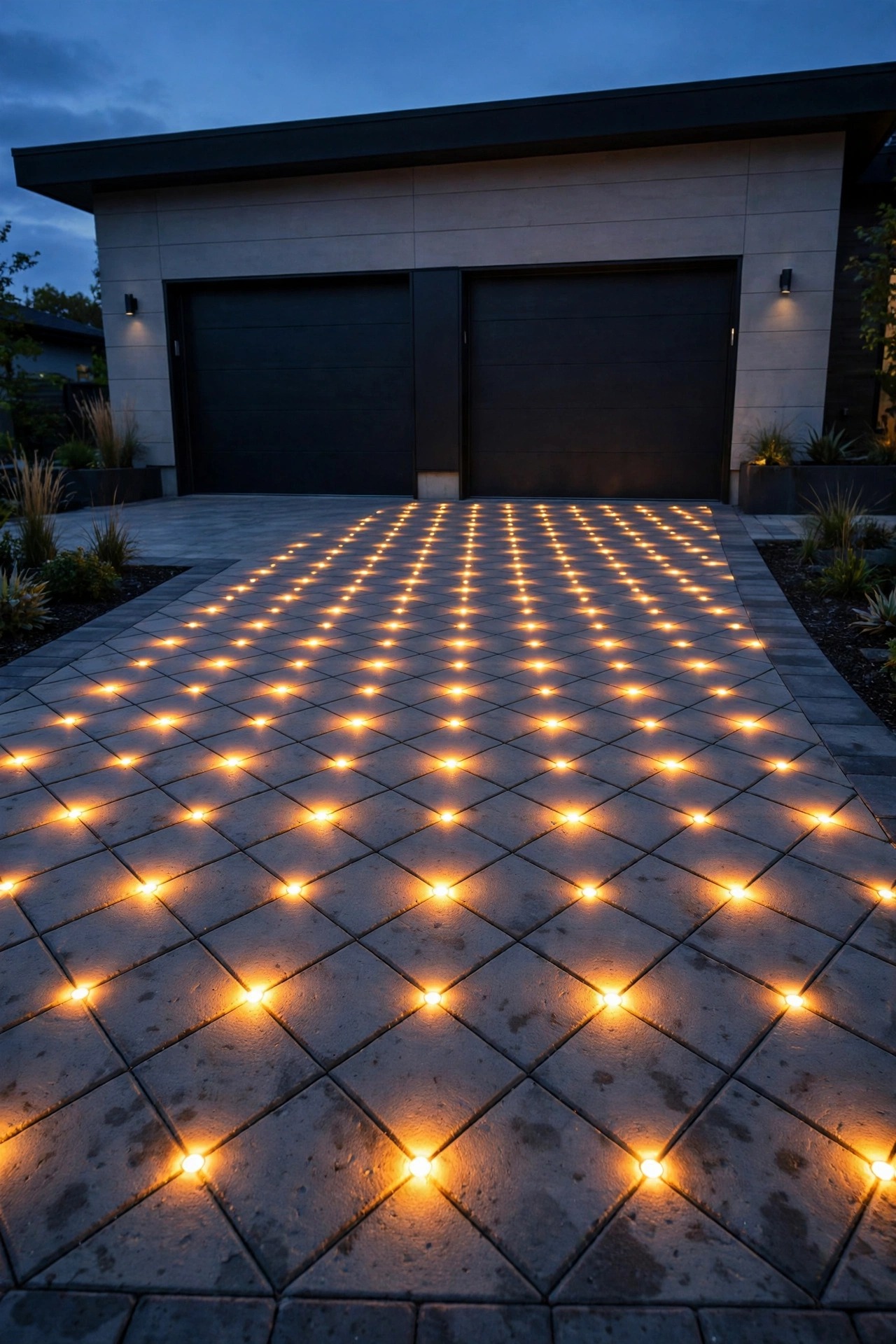 Recessed paver lights glowing in a diamond pattern across a modern driveway apron at dusk in front of a garage