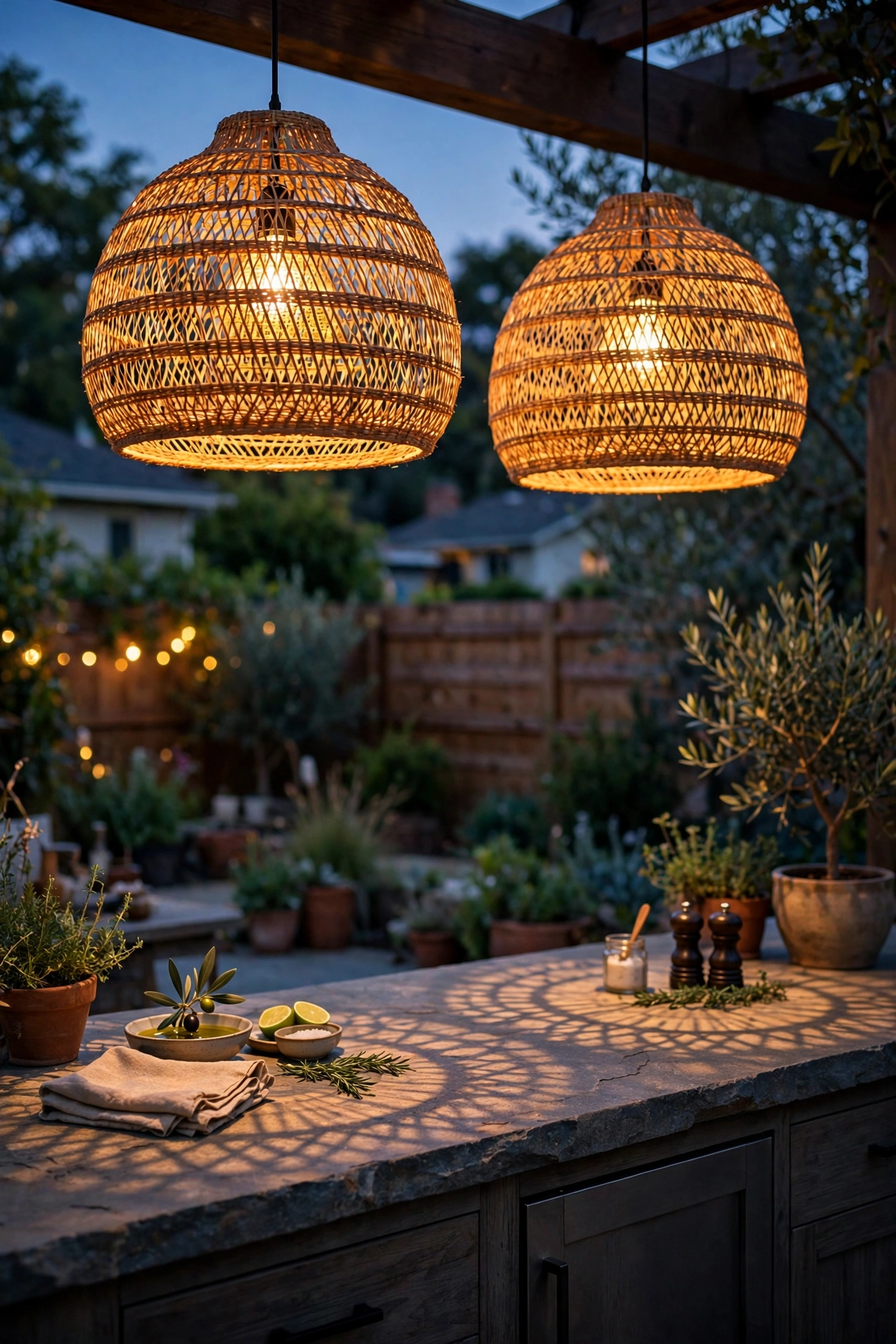 Two woven pendant lights glowing over an outdoor kitchen bar counter at dusk