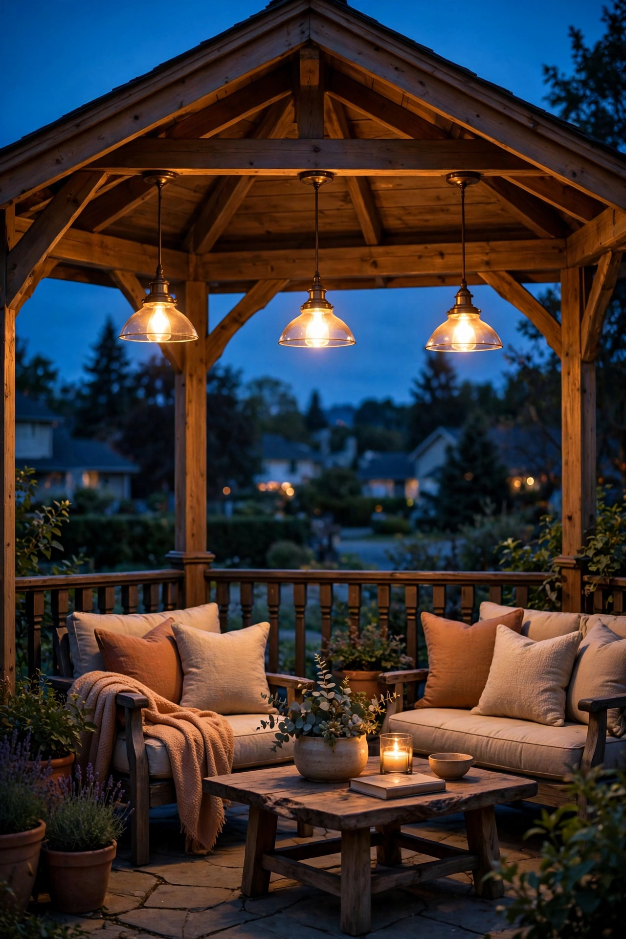 Outdoor pendant lights hanging over gazebo dining table with warm glow