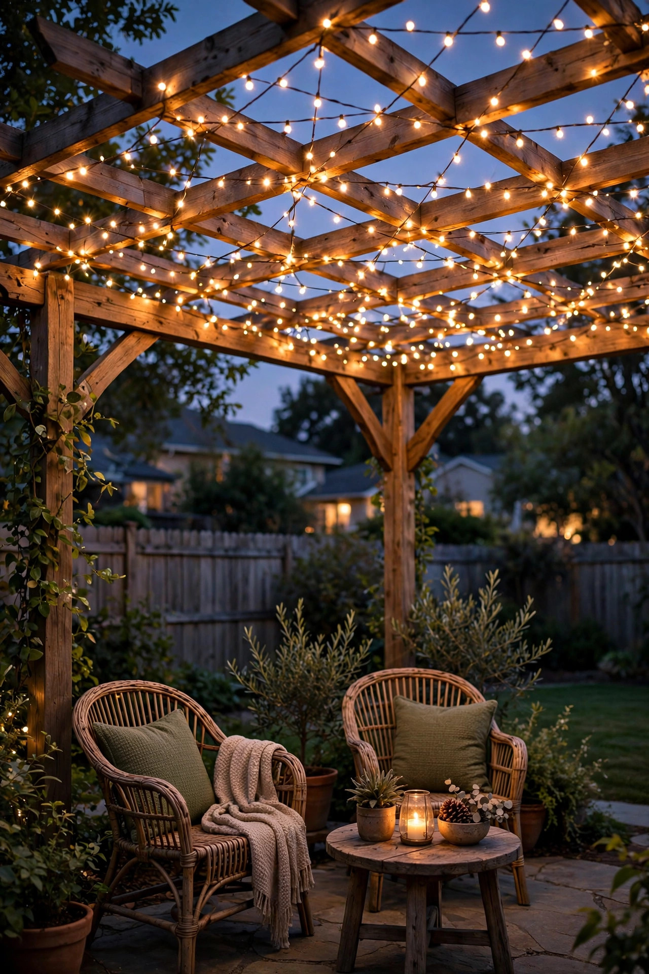 Pergola roof criss-crossed with warm white fairy lights glowing over a seating area