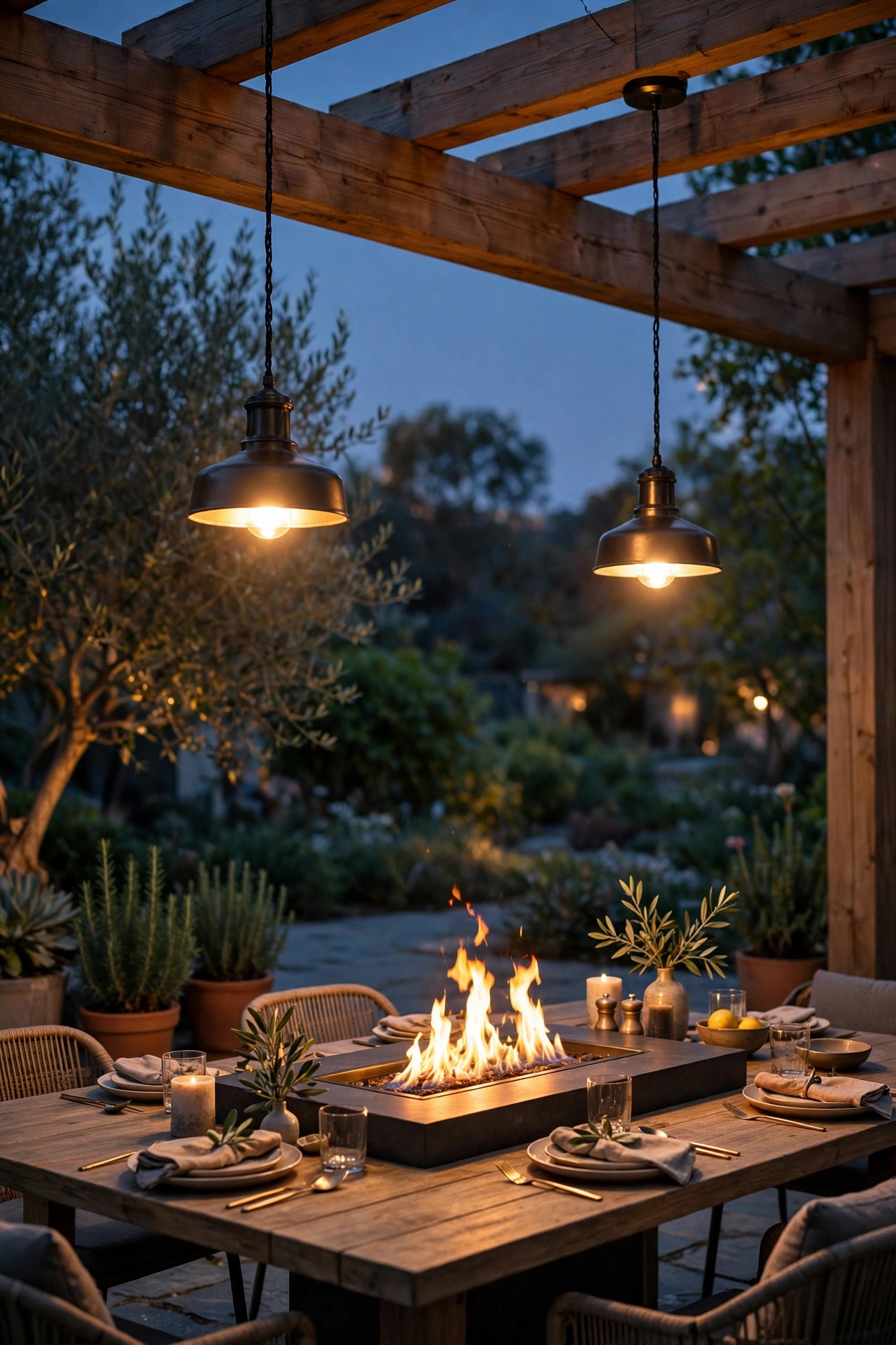Two warm pendant lights hanging from a pergola beam over an outdoor dining table with a fire table centerpiece