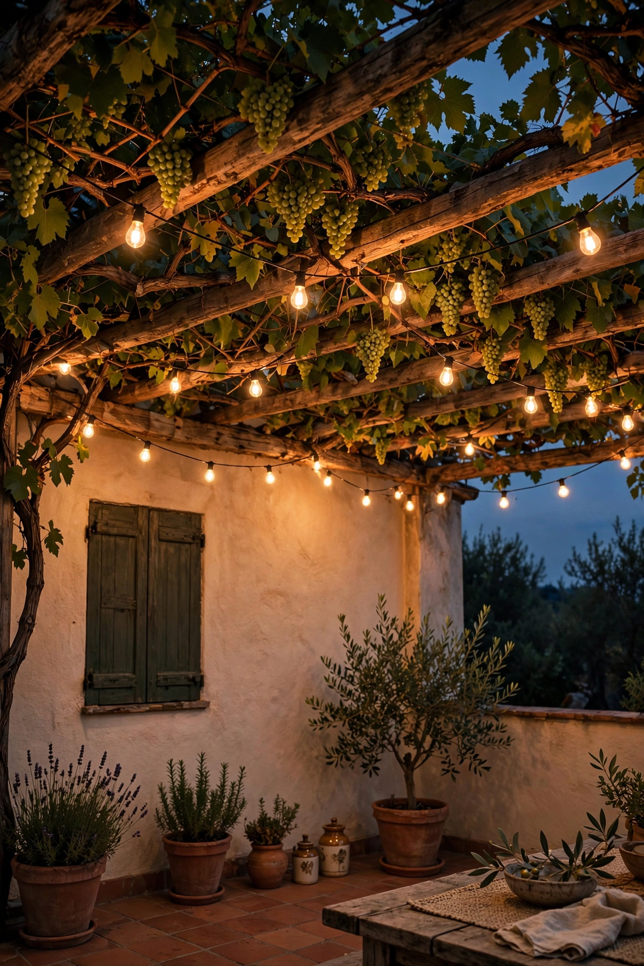 Warm string lights draped across a vine-covered pergola over a Mediterranean patio