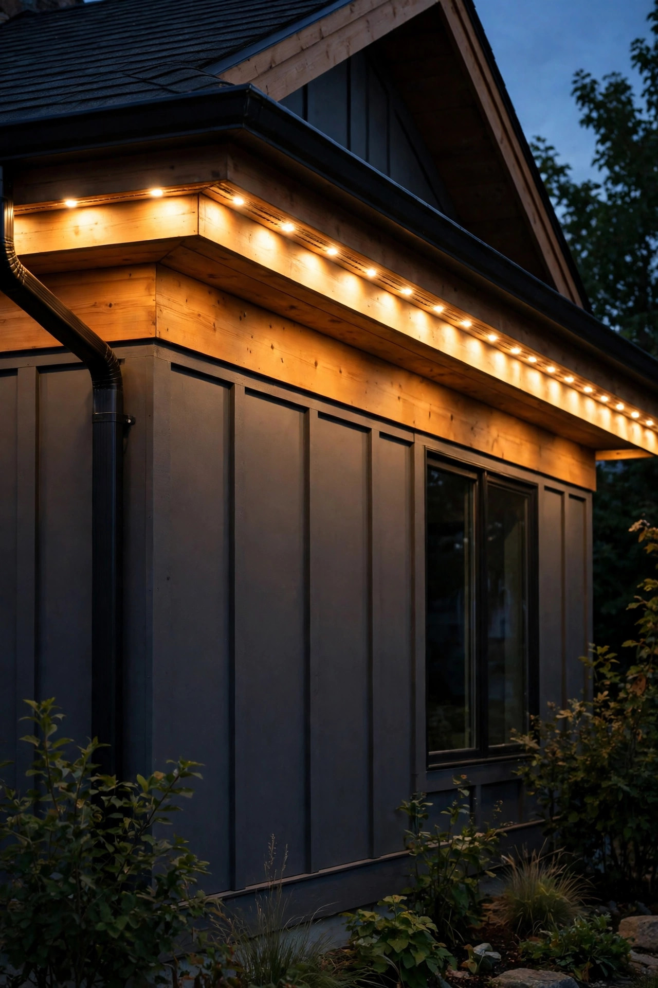 Permanent track lights under a home eave glowing warm white along the roofline at dusk