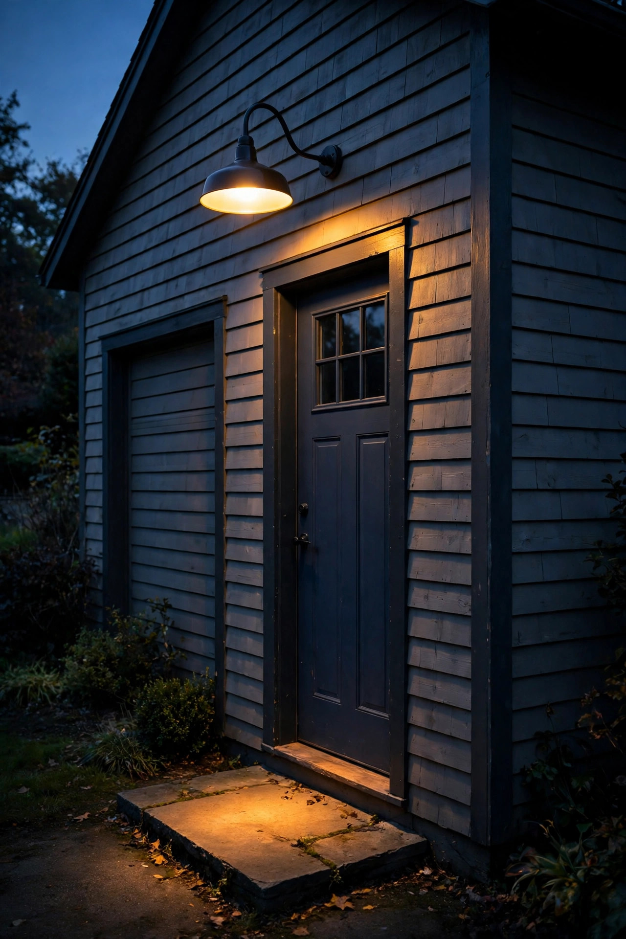 Gooseneck barn light with dusk-to-dawn photocell glowing over the side pedestrian door of a detached garage