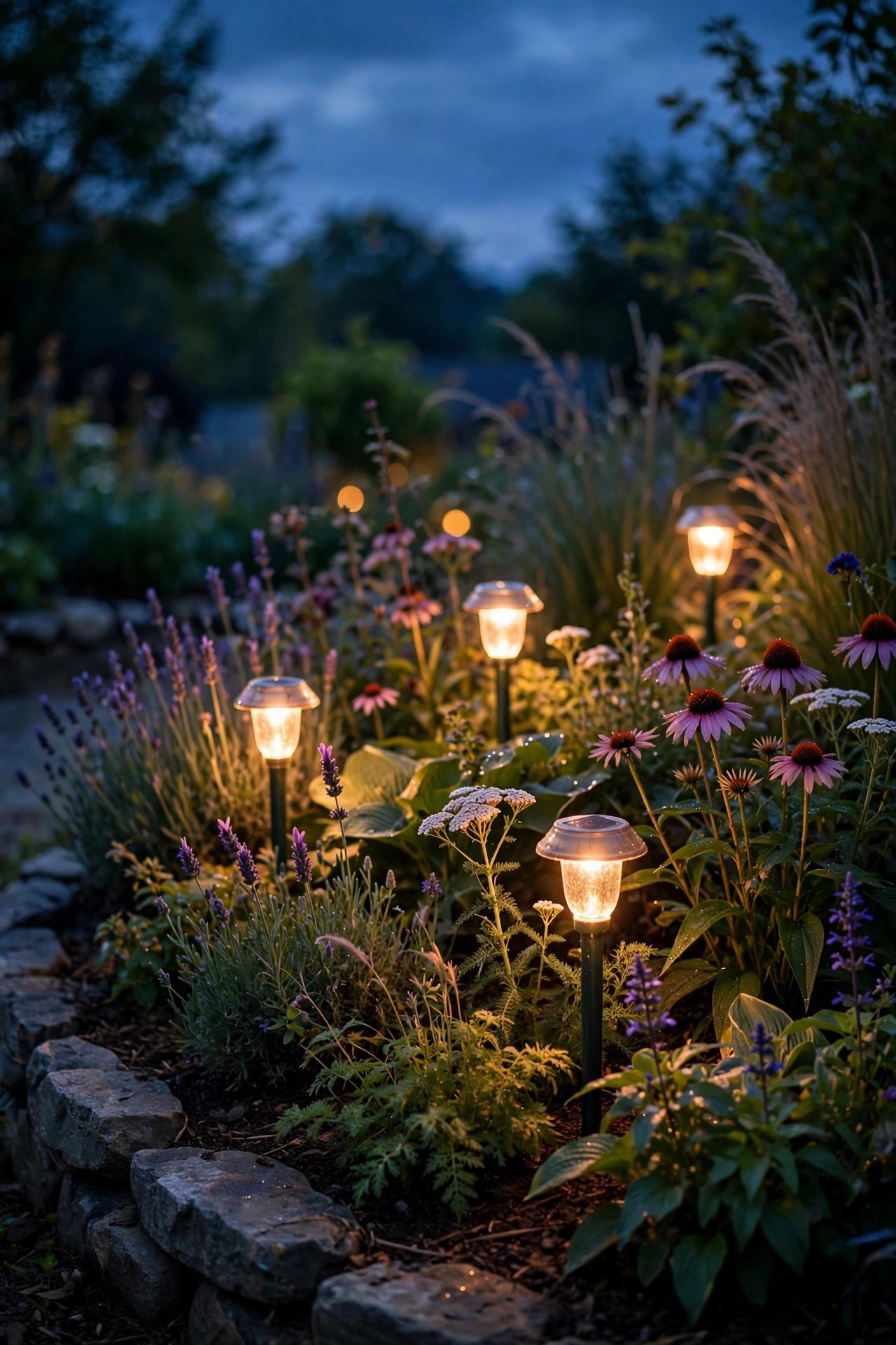 Dusk-to-dawn photocell stake lights glowing inside a perennial planting bed at twilight