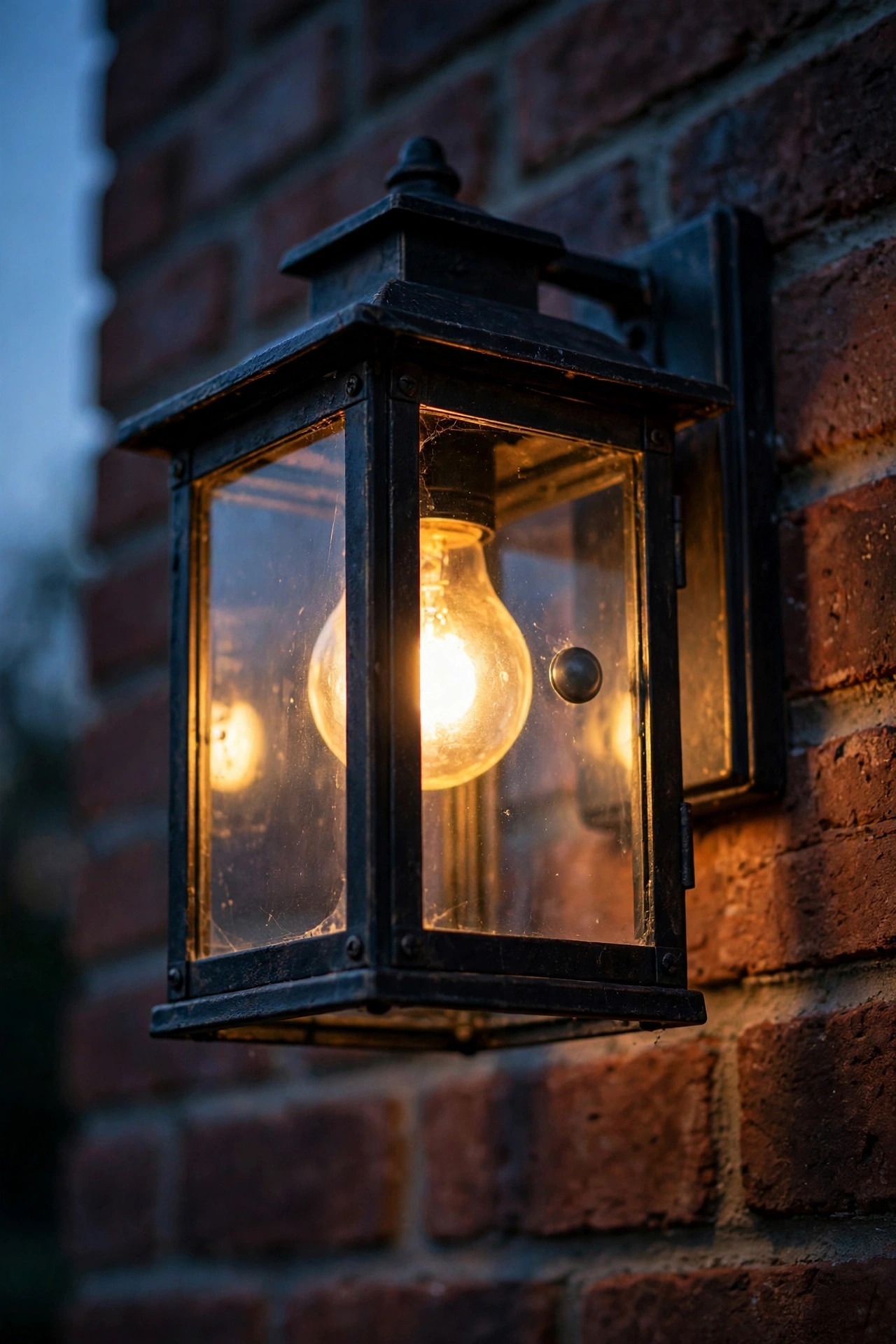 Photorealistic warm dusk close view of a porch lantern with a small round photocell sensor beside the bulb, glowing softly against a brick wall