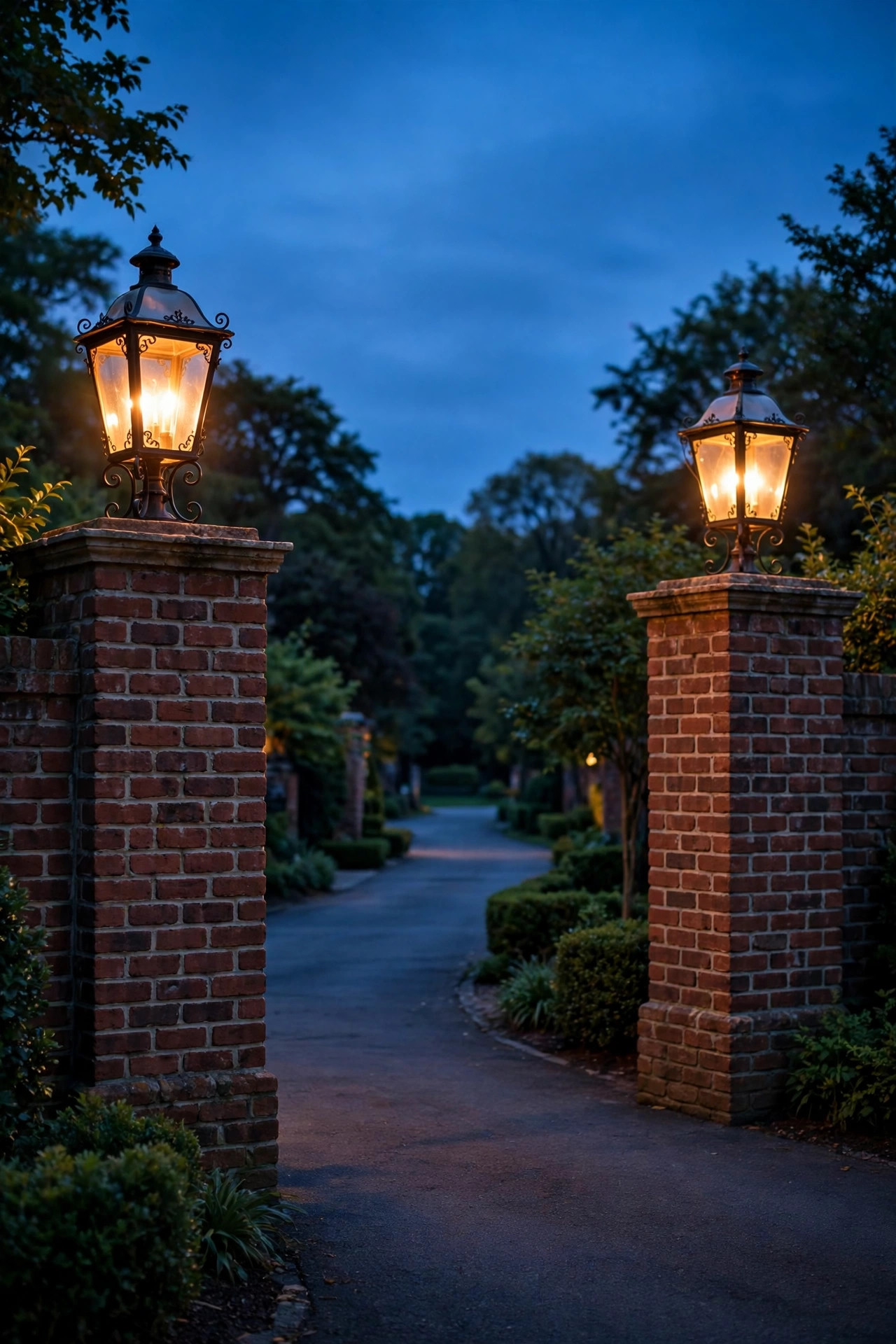 Brick entrance piers capped with glowing period lanterns at the head of a driveway at dusk