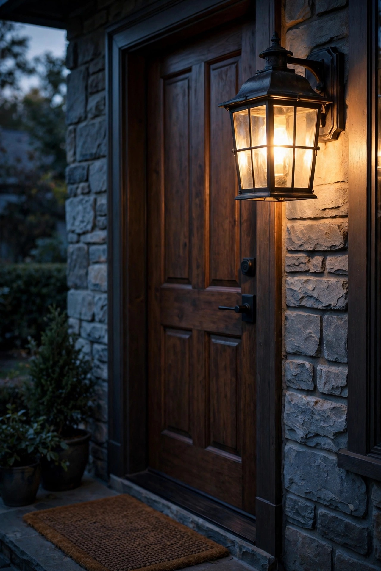 Warm glowing lantern-style porch light mounted beside a front door at dusk, properly sized for the entryway