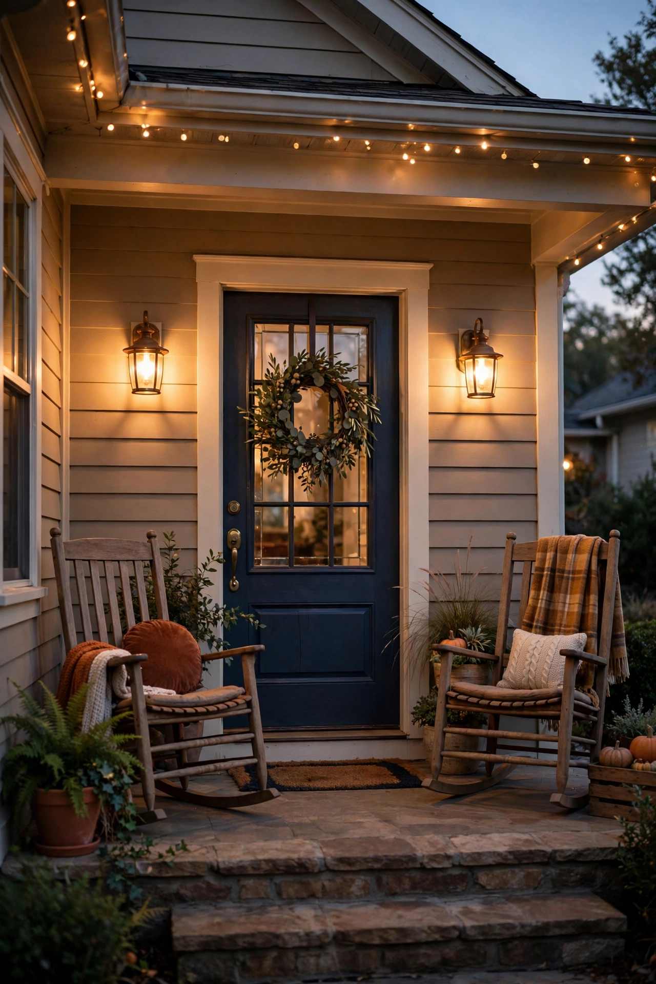 Warm porch sconces glowing at dusk, showing rich accurate colors on wood door and stonework
