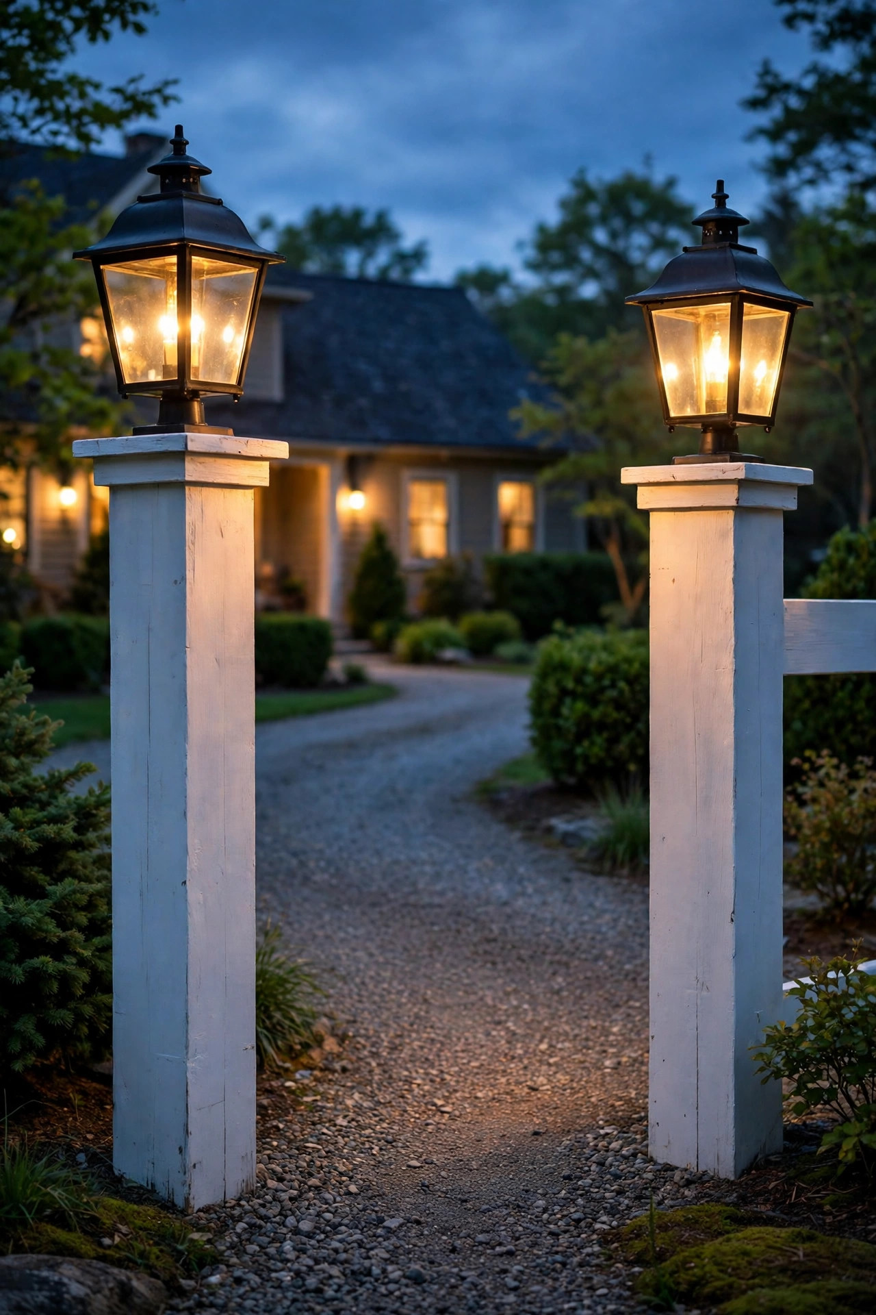 White wooden entrance posts topped with coach-style lanterns glowing beside a gravel driveway at dusk