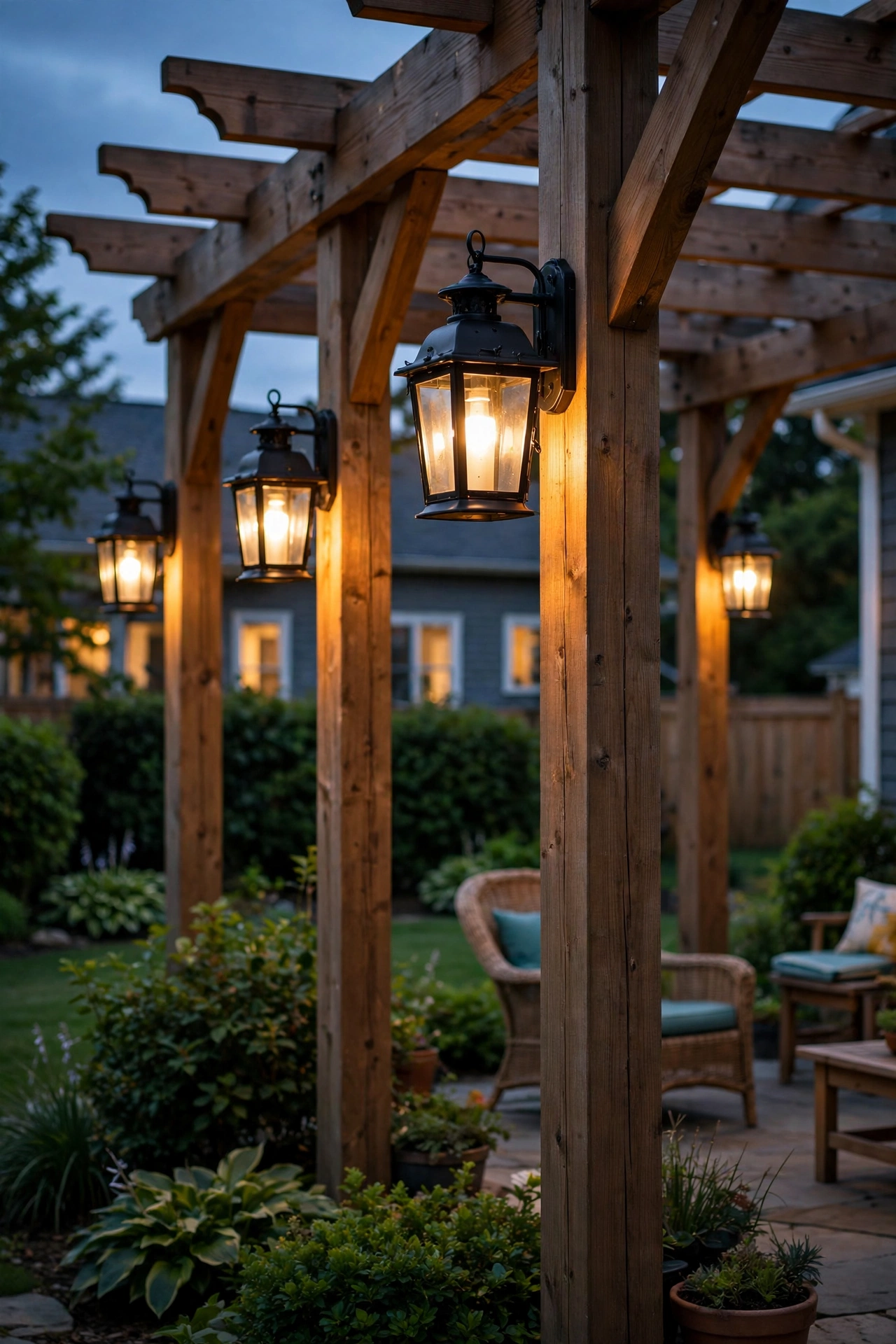 Black metal lanterns mounted on wooden pergola posts glowing at dusk