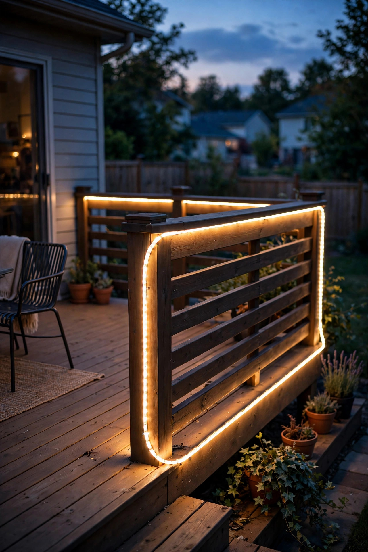 Continuous LED strip lighting running around deck corner posts with seamless glow