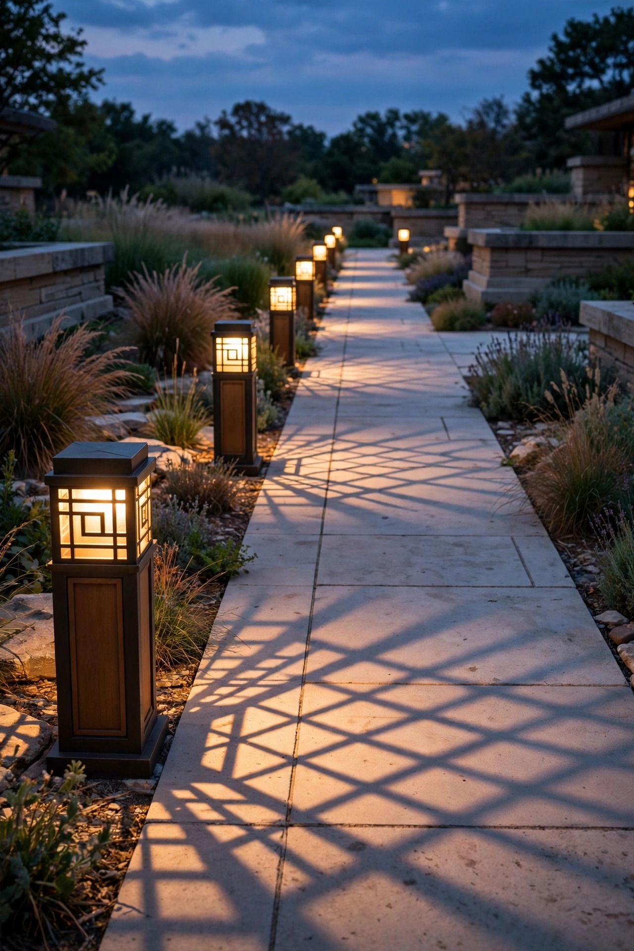 Prairie style square bollard lights casting geometric shadows along a wide garden walkway