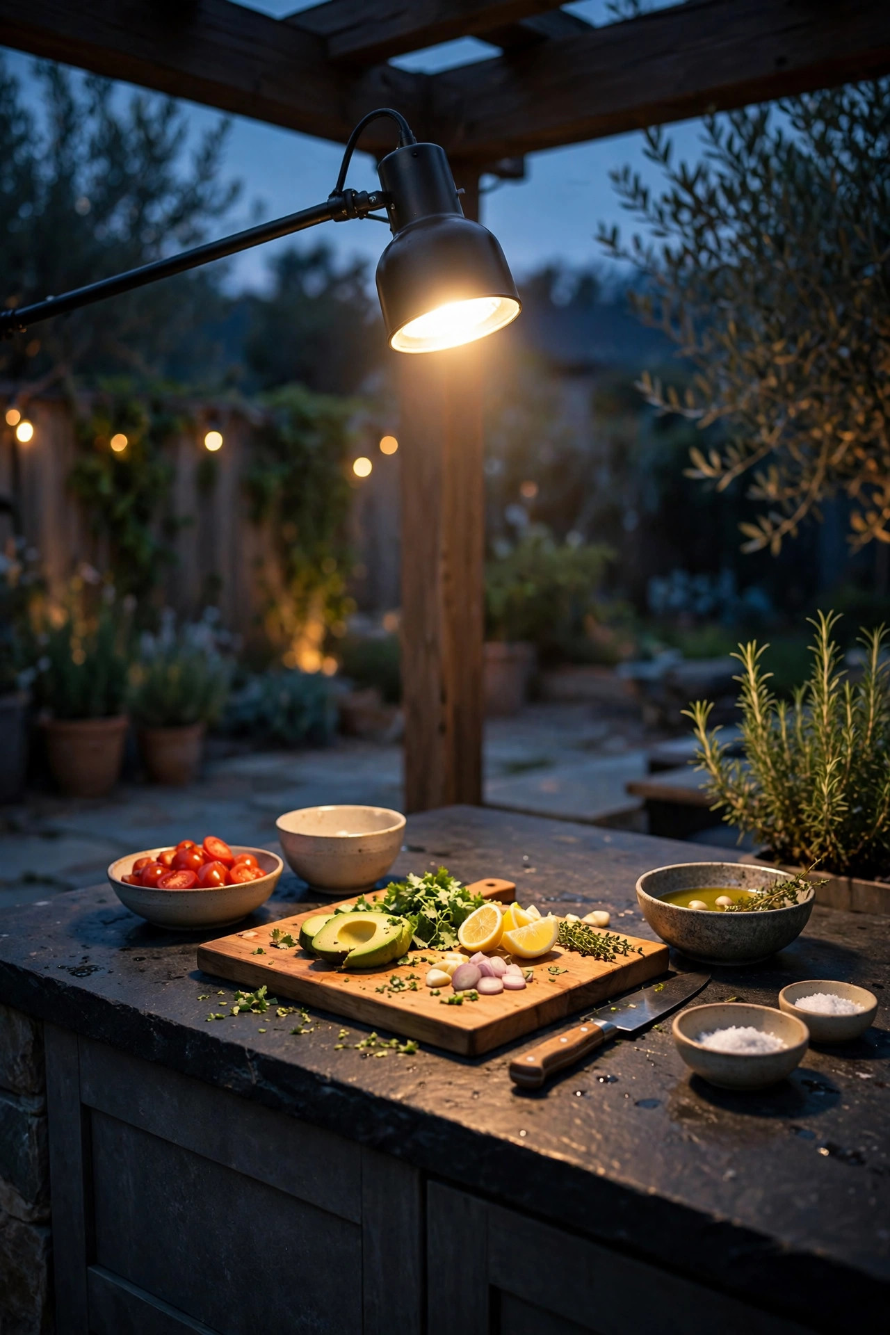 Bright focused task light over the prep end of an outdoor kitchen island with cutting board and bowls