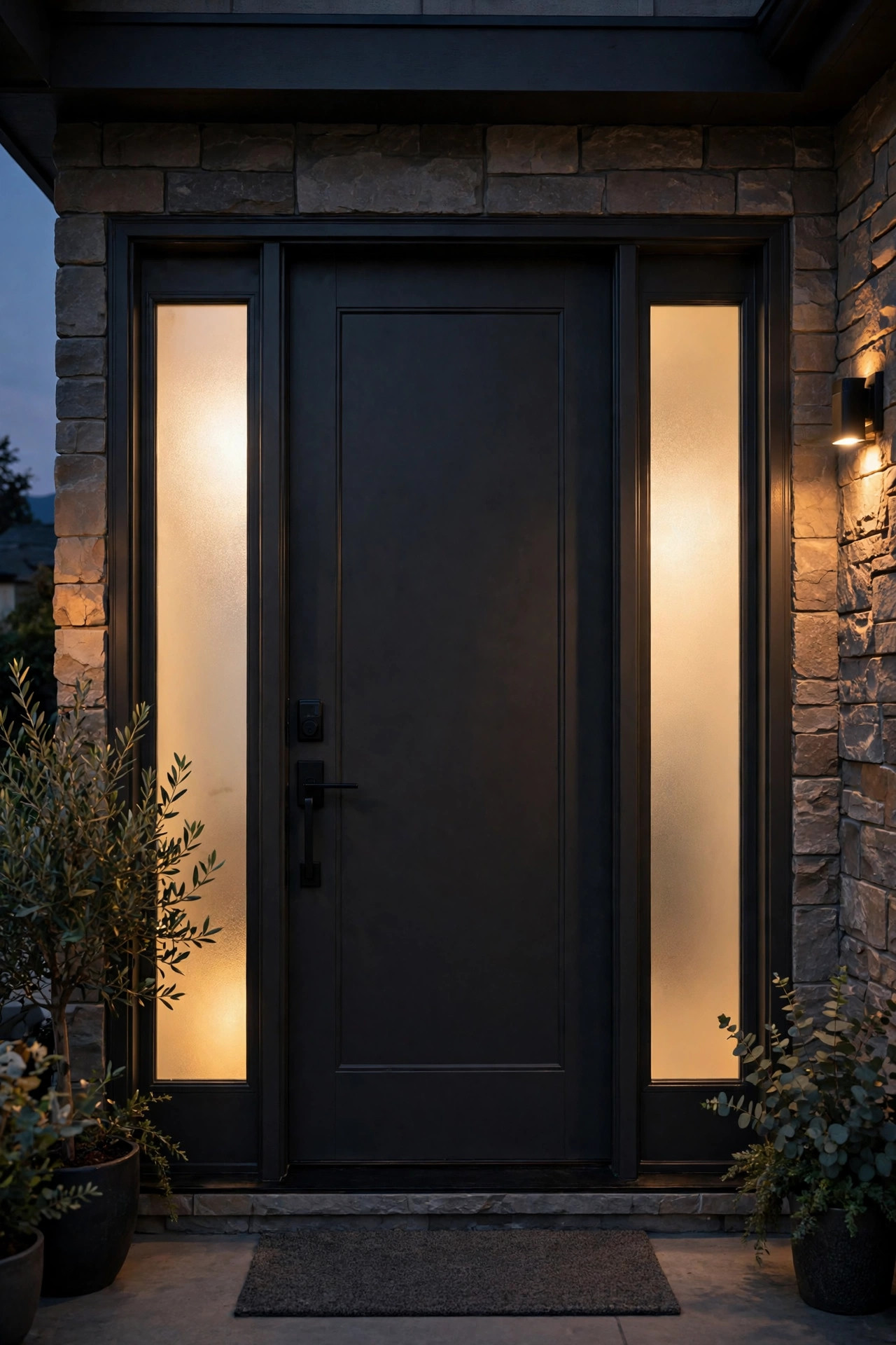 Sidelight panels with frosted privacy film glowing softly beside a front door