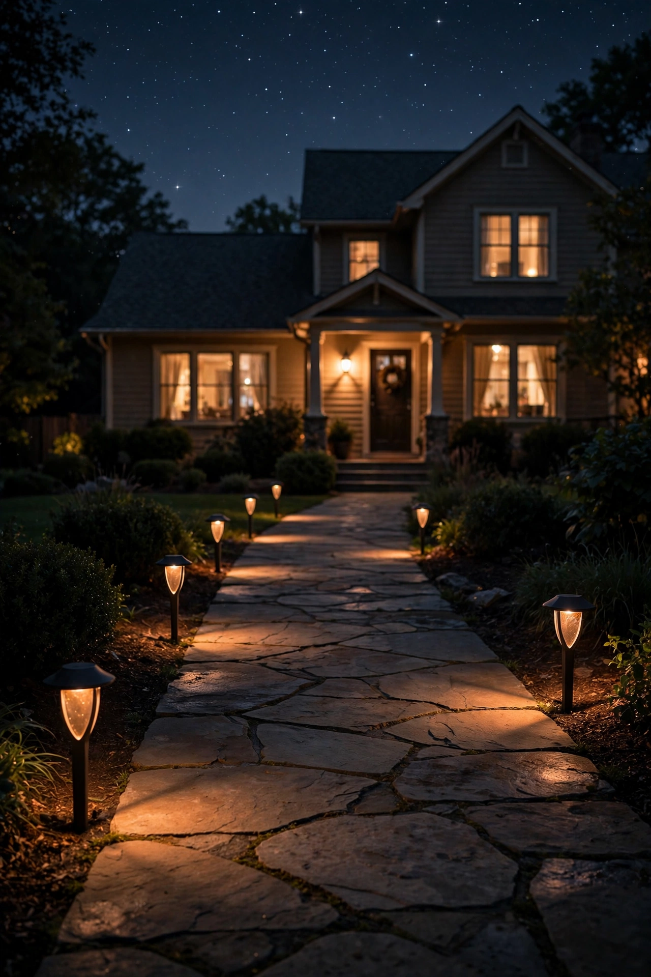 Suburban walkway with correctly dim warm dark sky outdoor lighting showing gentle pools of light