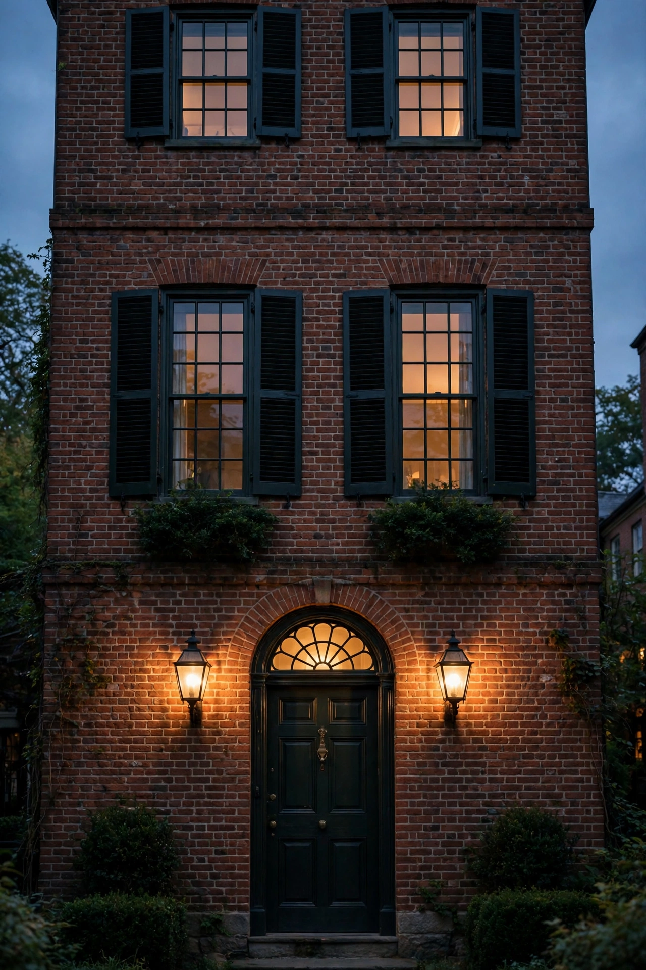 Properly sized colonial lantern sconces balanced against a tall brick facade and shutters