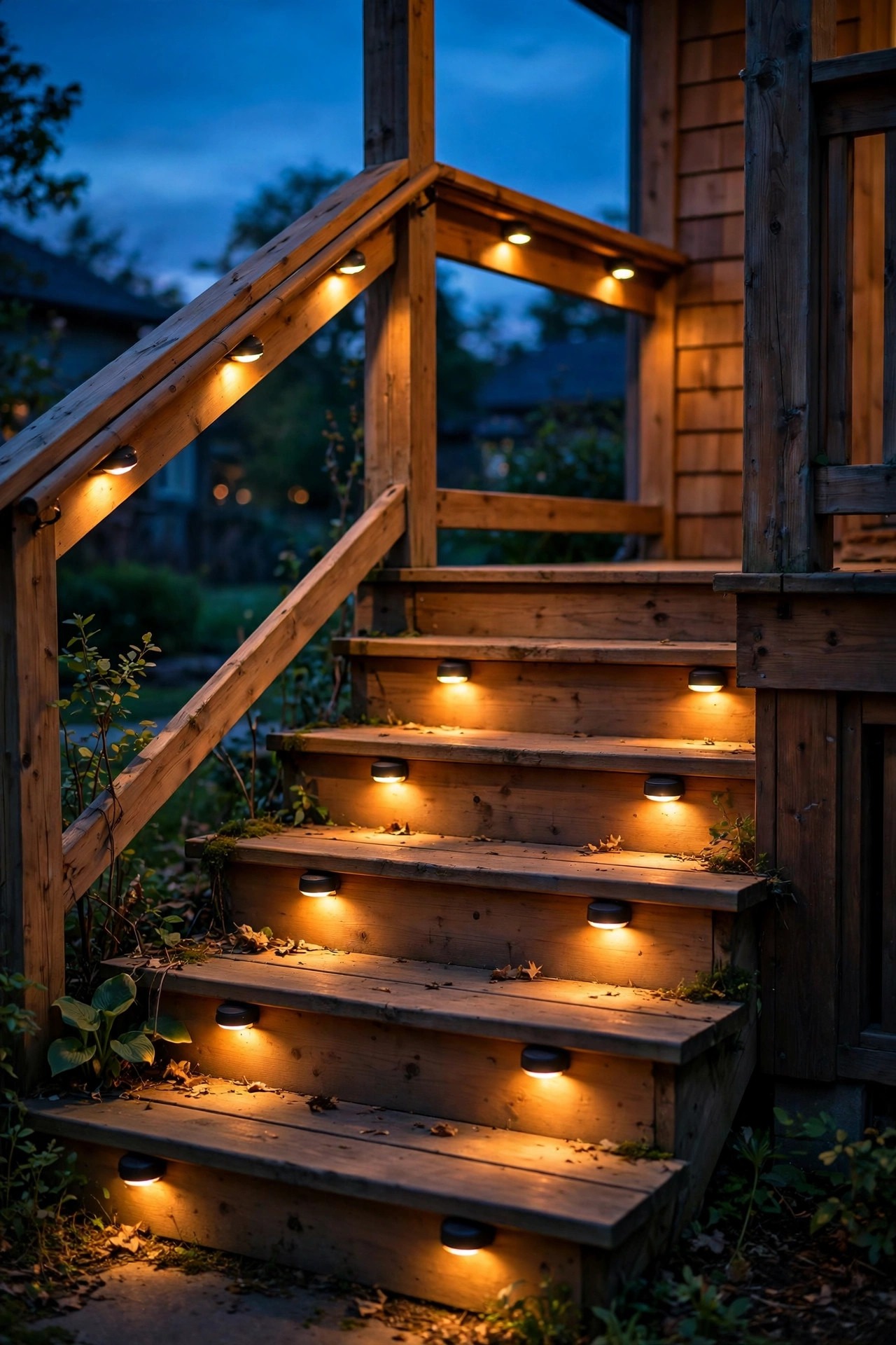 Small battery puck lights glowing under a porch handrail and step treads on a warm evening