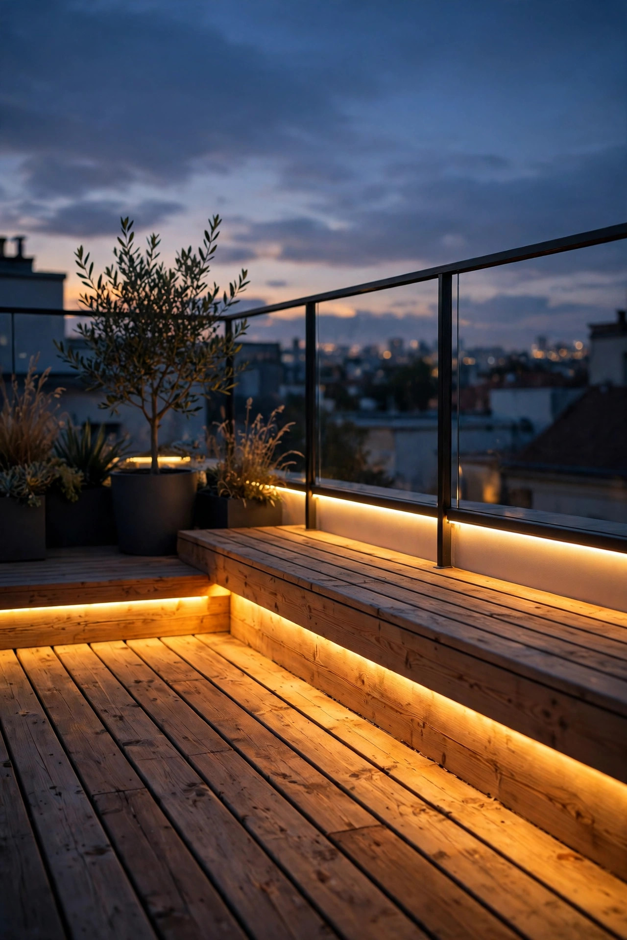 Warm LED strip light glowing from beneath a rooftop railing and bench at dusk, washing the deck boards