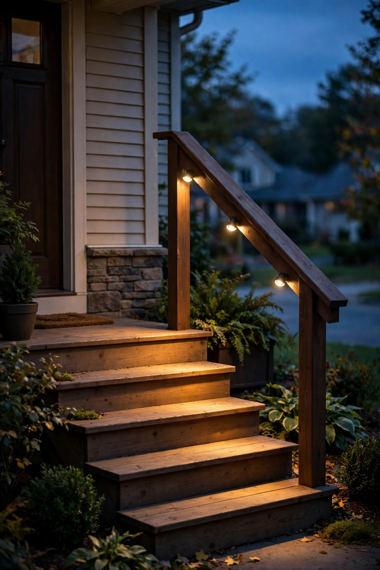 Battery puck lights glowing softly under a small porch handrail, washing light over the steps