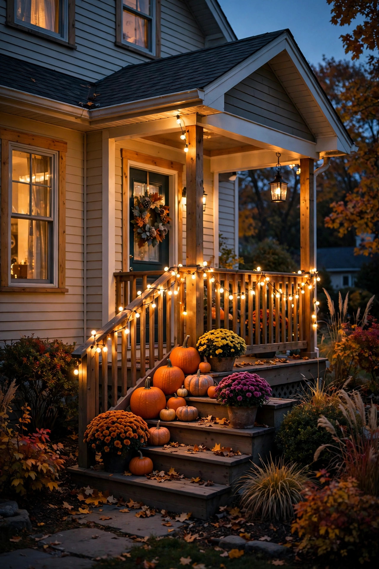 Warm-white string lights swagged along a wooden porch railing at night