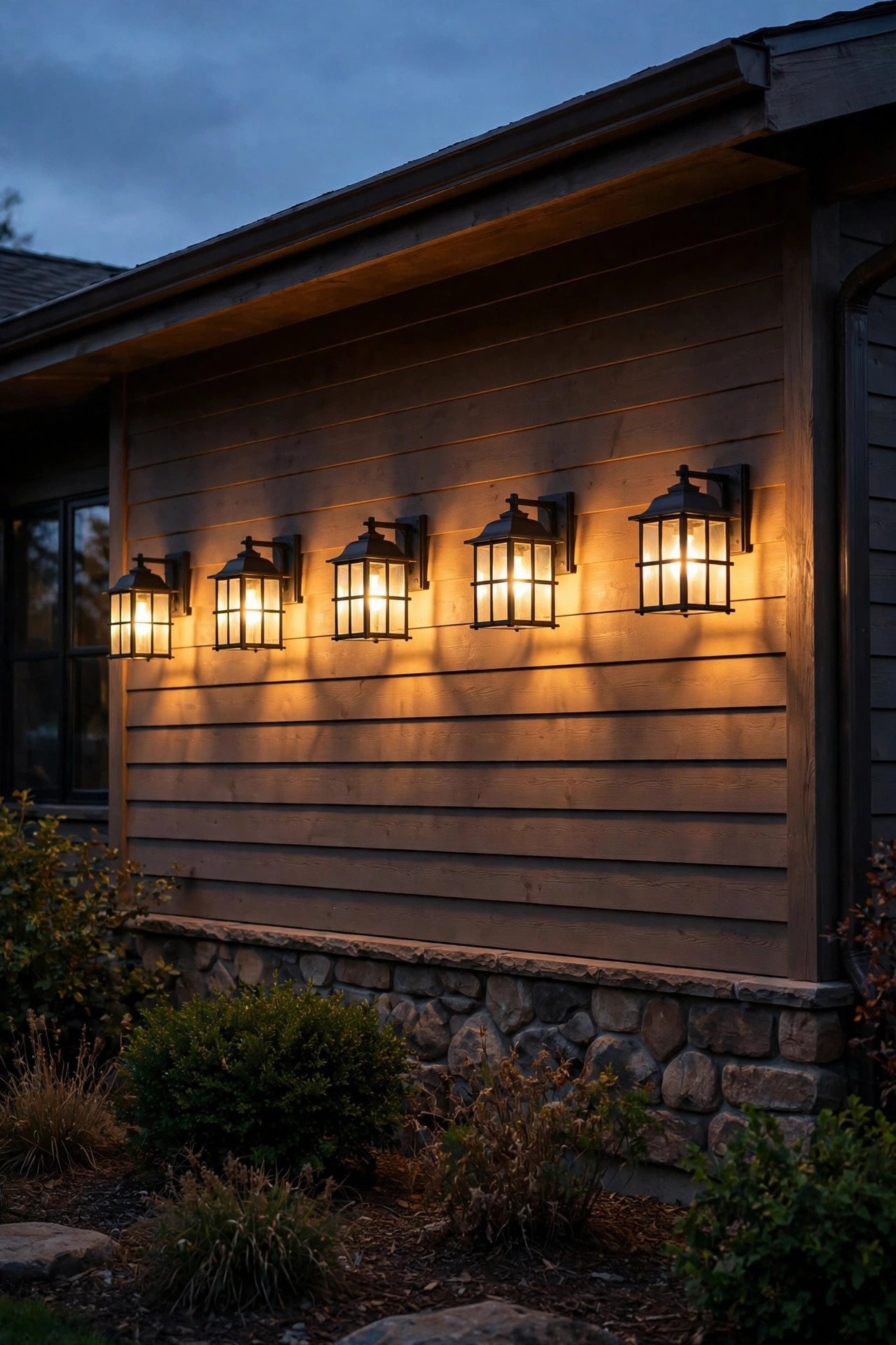 Row of crossbar outdoor wall lanterns glowing along a ranch-style home facade at dusk