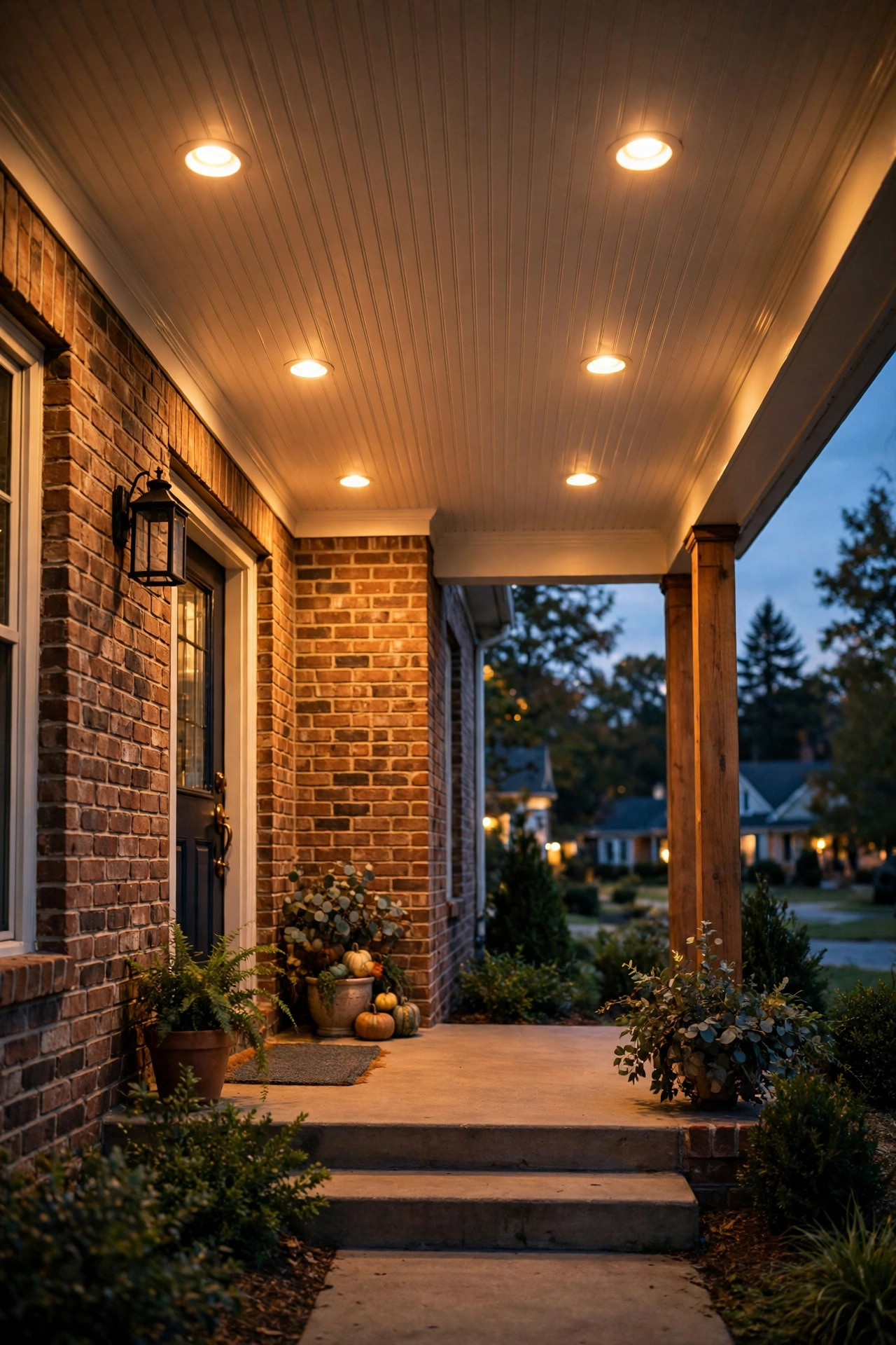 Recessed ceiling lights washing warm even light over a brick porch with beadboard ceiling