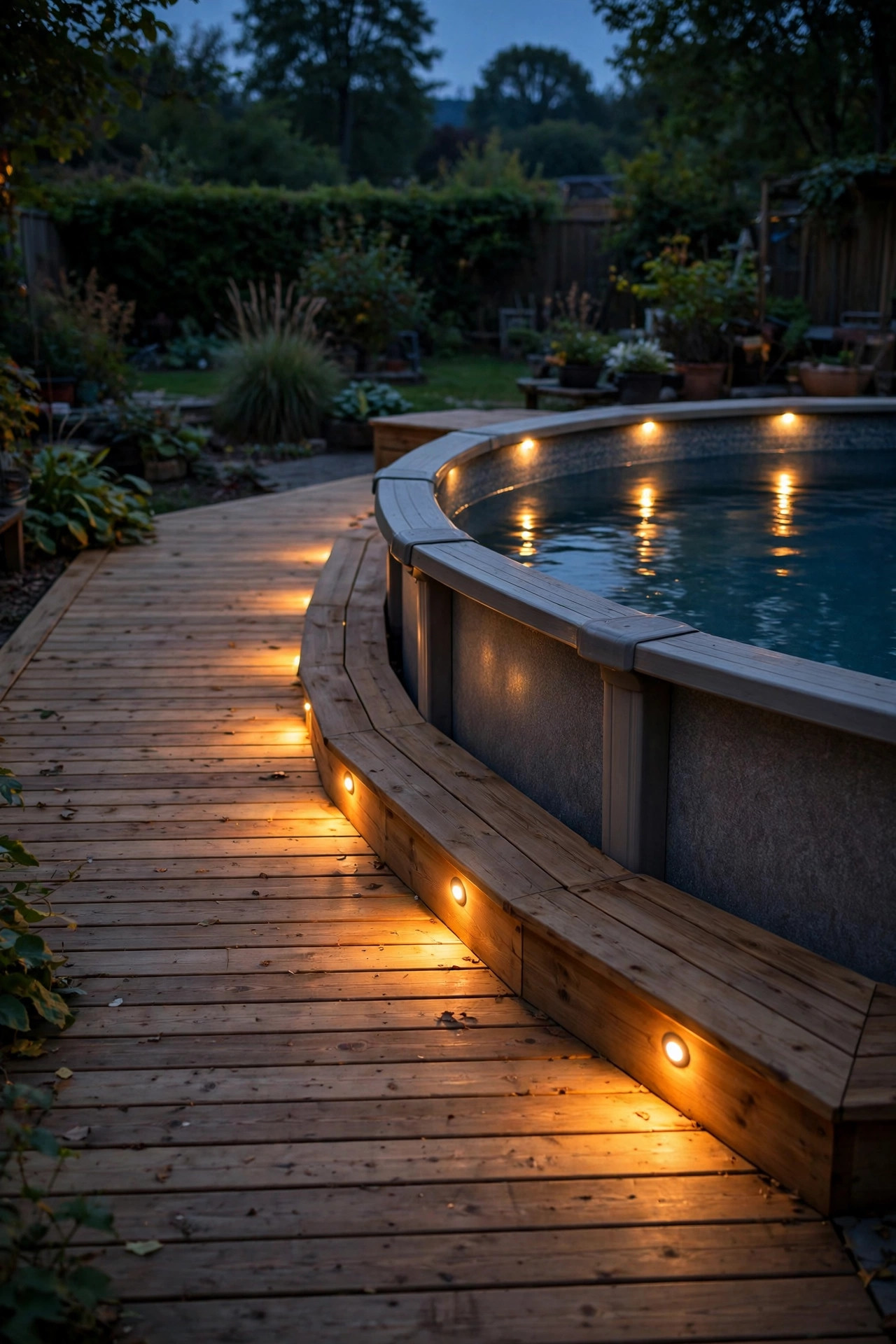 Recessed warm deck lights glowing along the edge of a wooden deck built against an above-ground pool