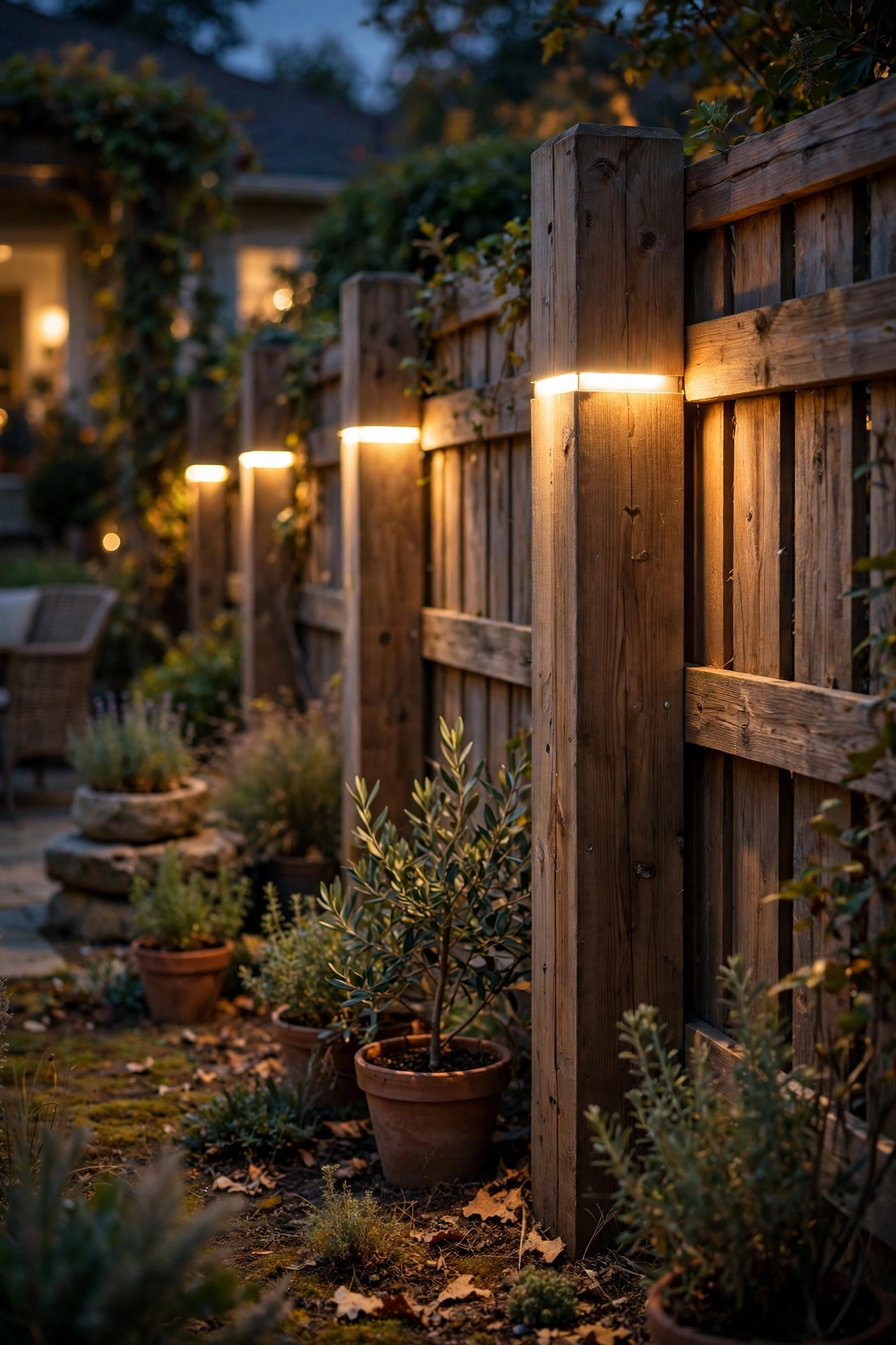 Fence posts with recessed glowing light bands near the top at night