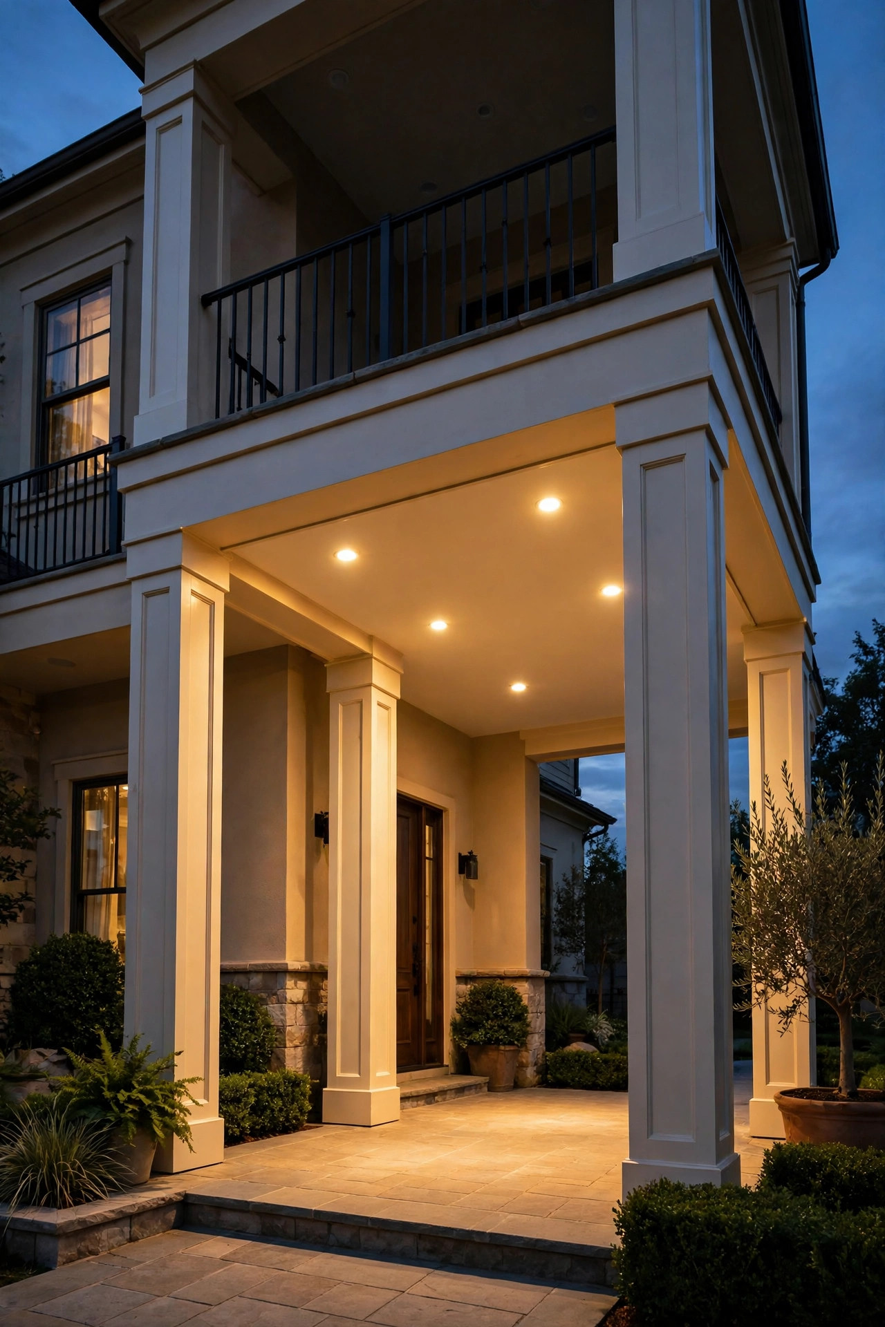 Recessed LED downlights in a two-story portico ceiling casting an even warm wash over the porch floor