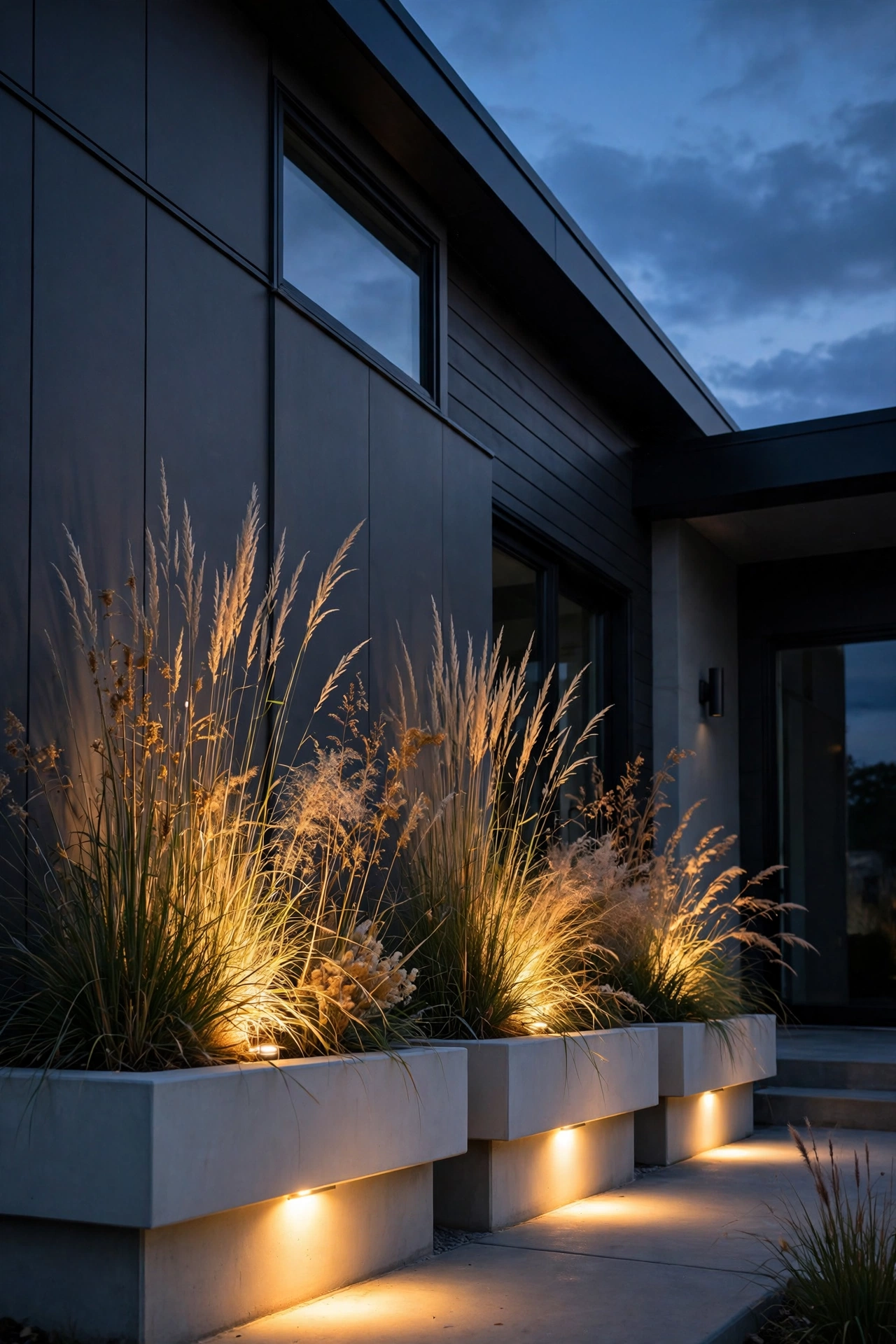 Recessed uplights inside modern planters illuminating ornamental foliage from below