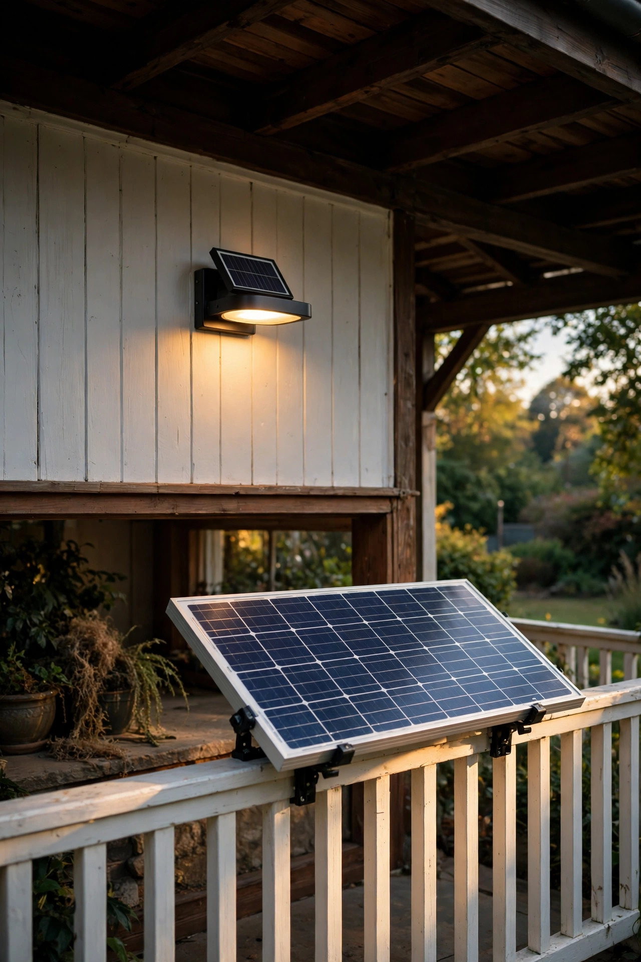 Solar wall sconce on a shaded covered porch with a separate solar panel mounted in sunlight on the railing