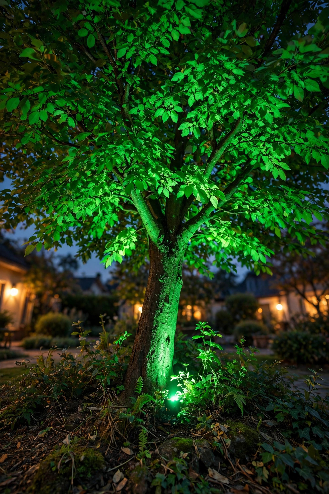 RGB spotlight uplighting a leafy tree canopy in vivid green from a hidden fixture at the trunk base at night