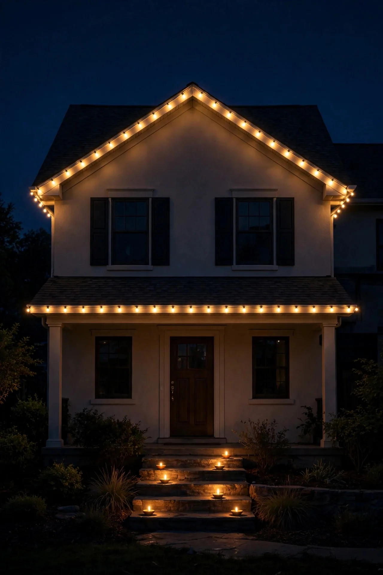 Suburban house roofline outlined with warm gold string lights at night for Diwali