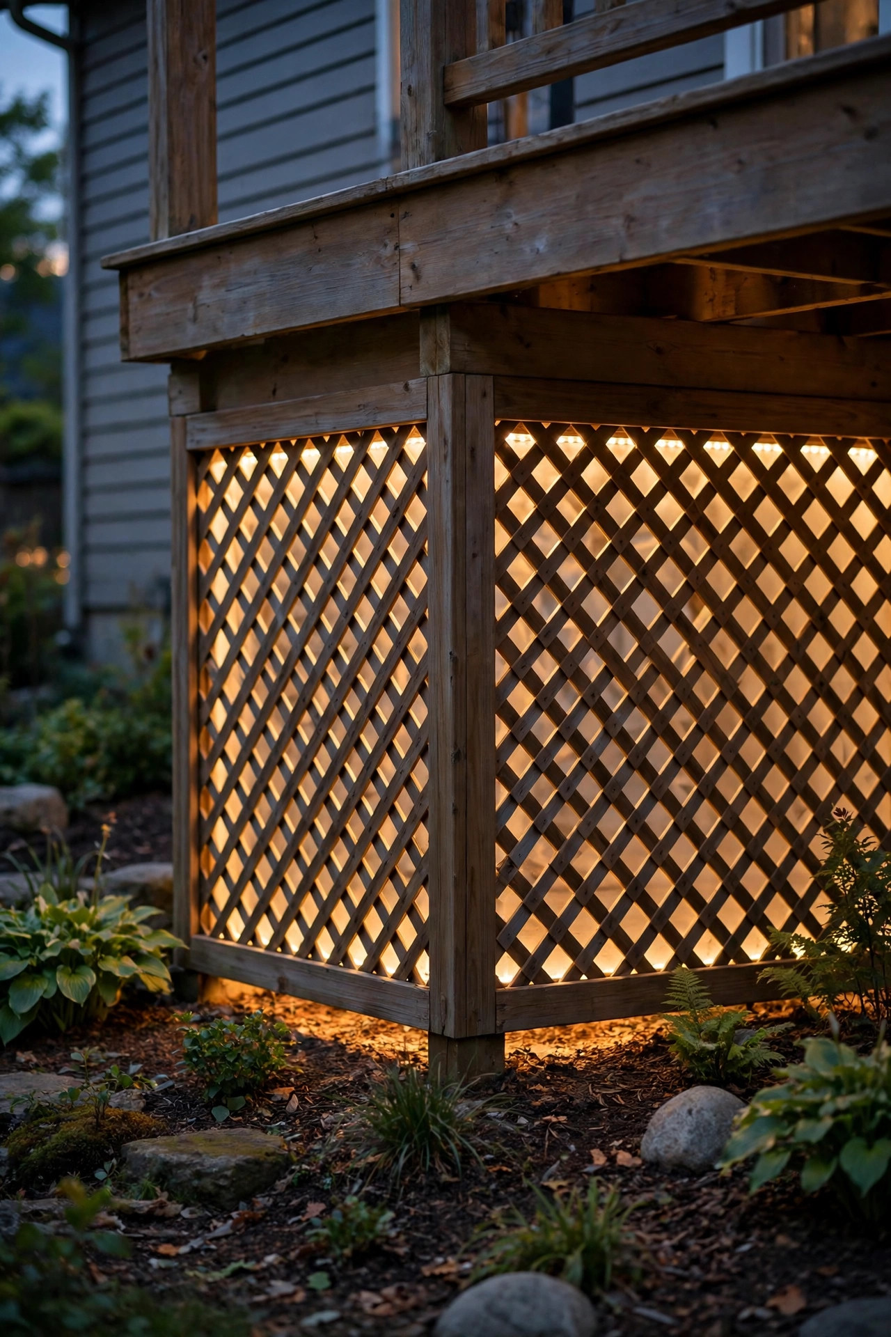 Lattice deck skirting glowing softly from an LED rope light hidden behind the panels
