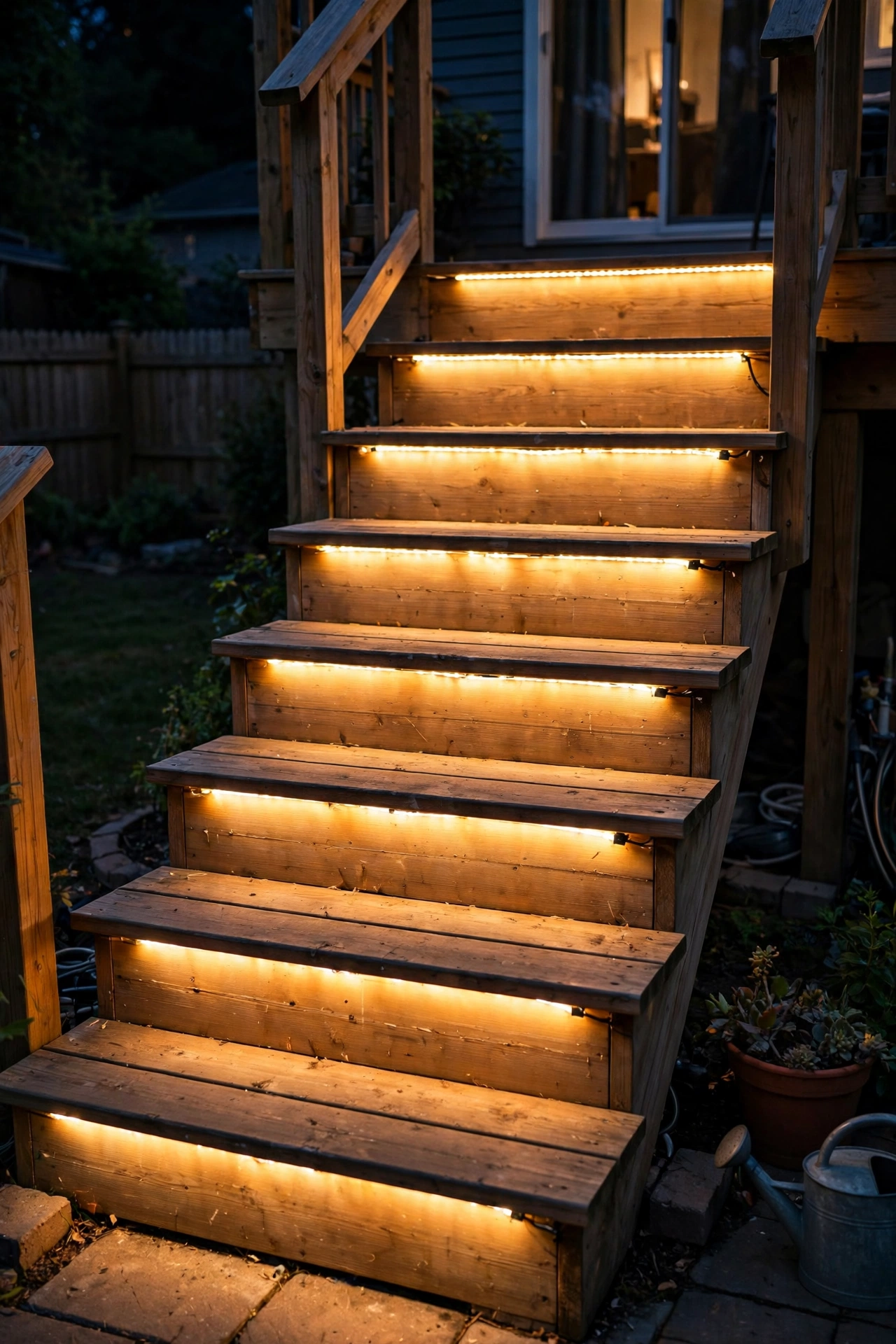 LED rope light tucked under deck stair treads washing warm light over each riser