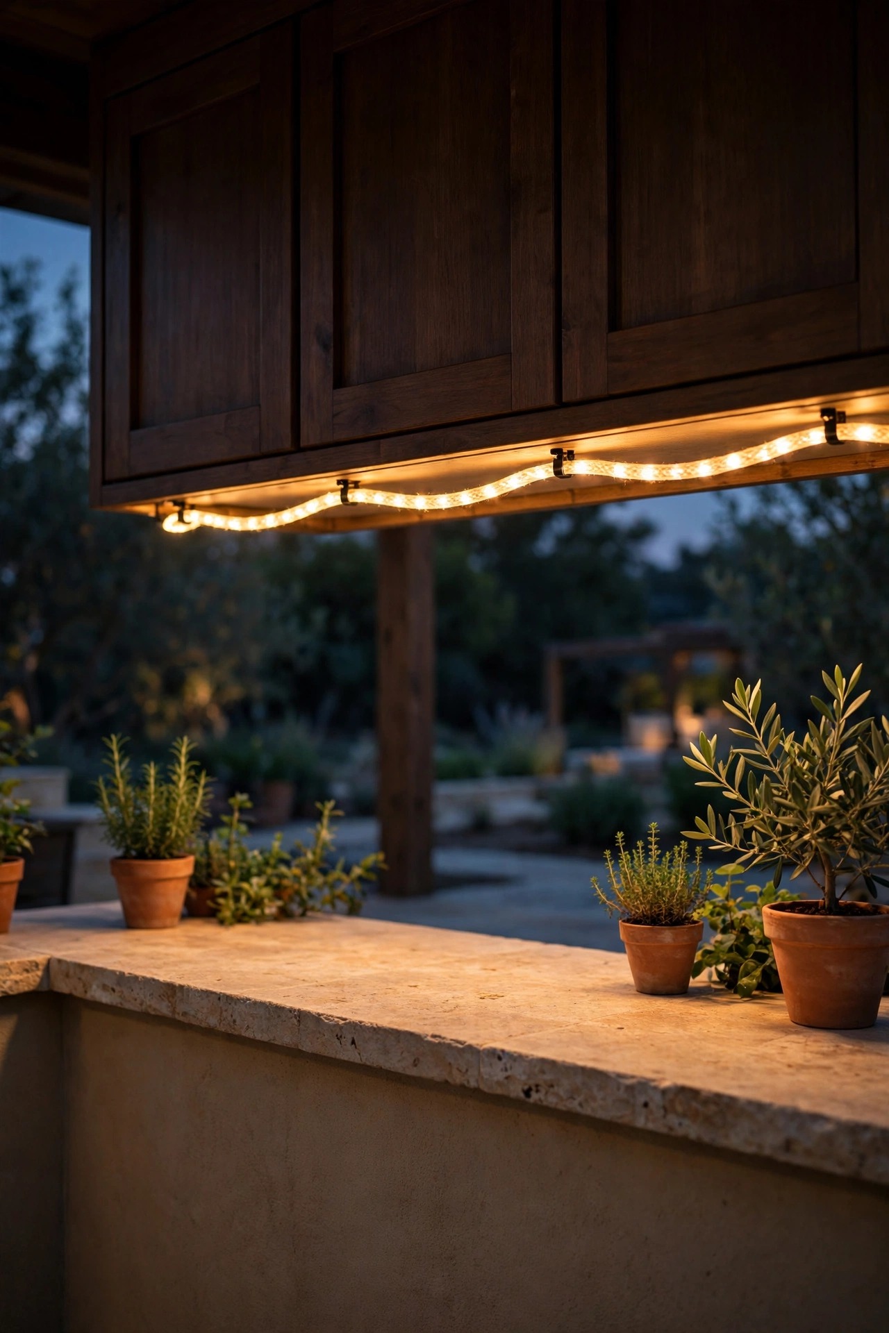 Warm rope light clipped under outdoor kitchen cabinets giving a soft glow along the counter edge