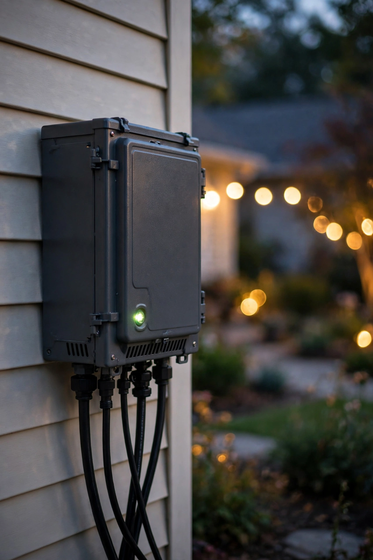 Glowing landscape lighting transformer and timer box mounted on a house wall at dusk