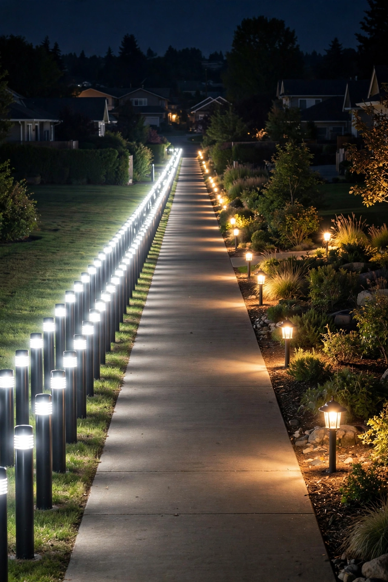 Walkway lined with too many closely spaced path lights creating a runway effect versus properly staggered low path lighting