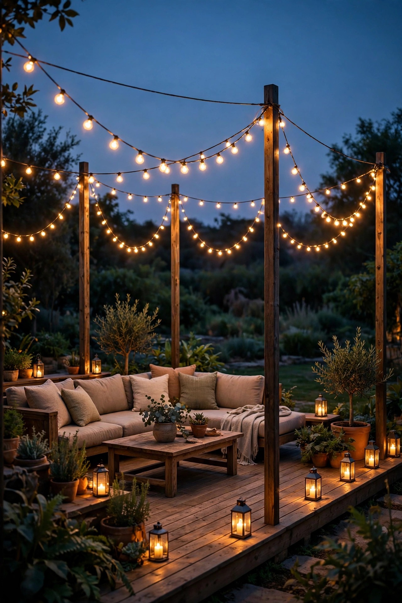 Deck at twilight with warm LED string lights strung in graceful even swags on support poles over a seating area, layered with small lanterns glowing at the deck edges