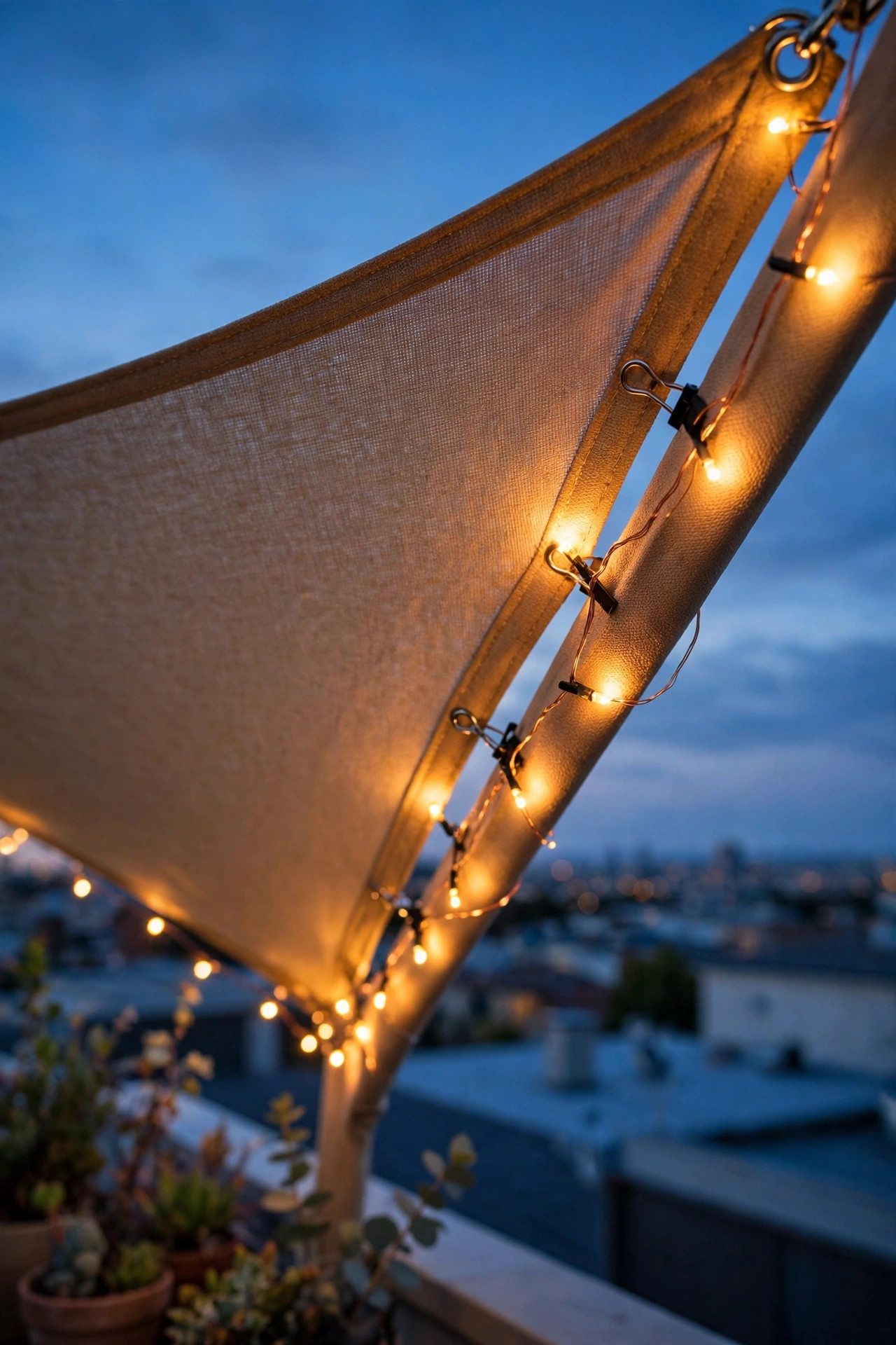Copper wire fairy lights clipped along the edge of a rooftop shade sail glowing at twilight