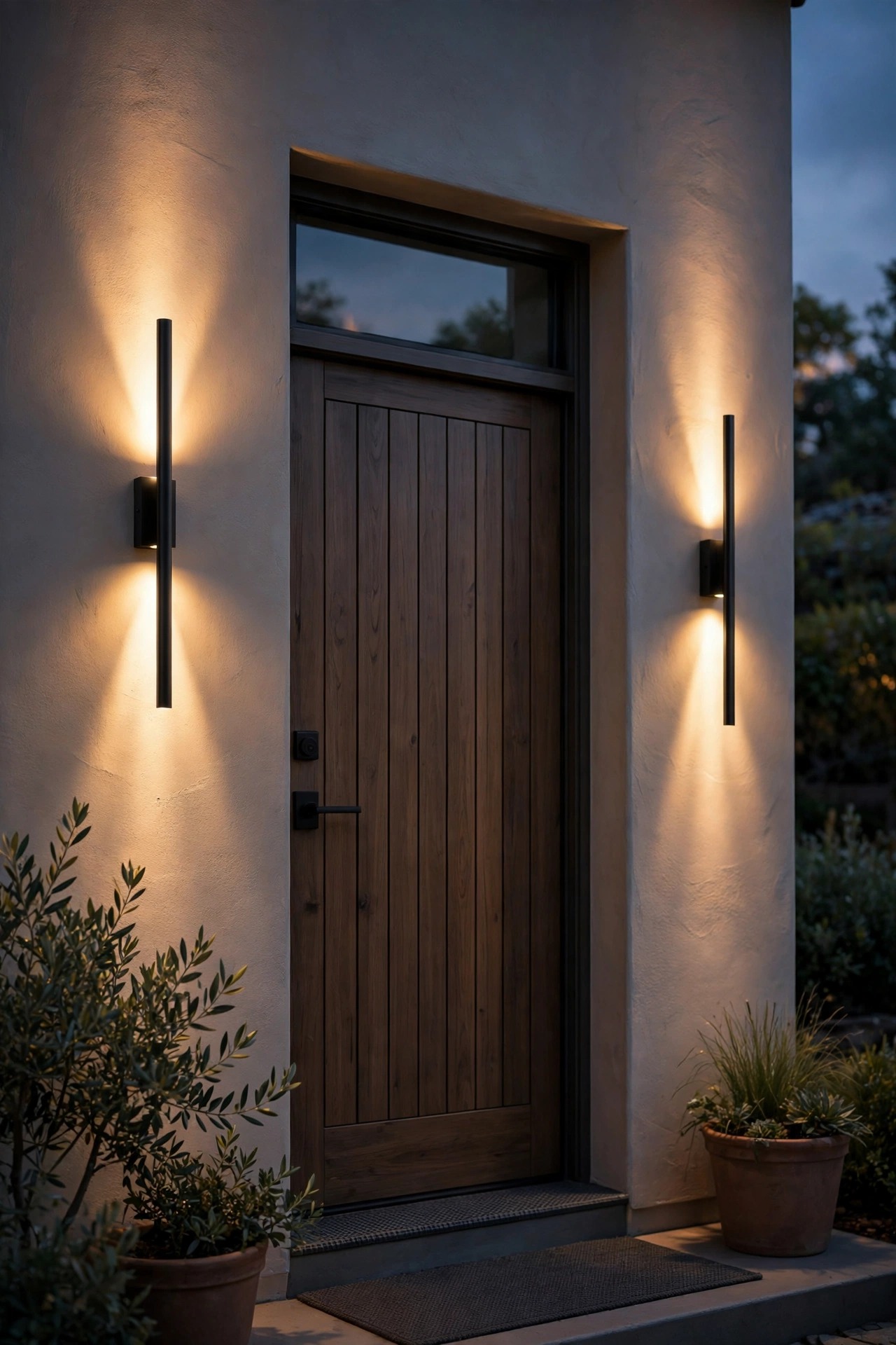 Pair of slim matte black up-down sconces flanking a front door at dusk, soft ribbons of warm light on the entry wall