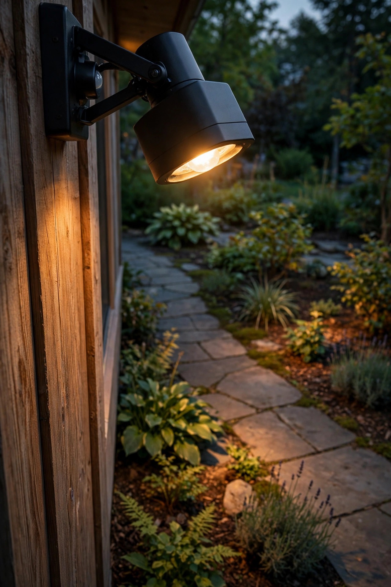 Close view of a porch motion sensor angled across a front walkway toward the garden rather than the street