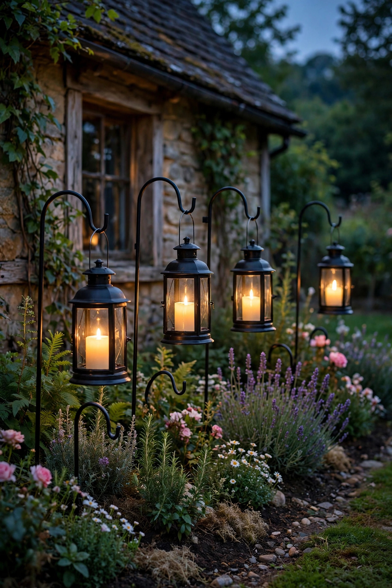 Black lanterns with warm flameless candles hanging from shepherd hooks along a cottage flower bed at dusk